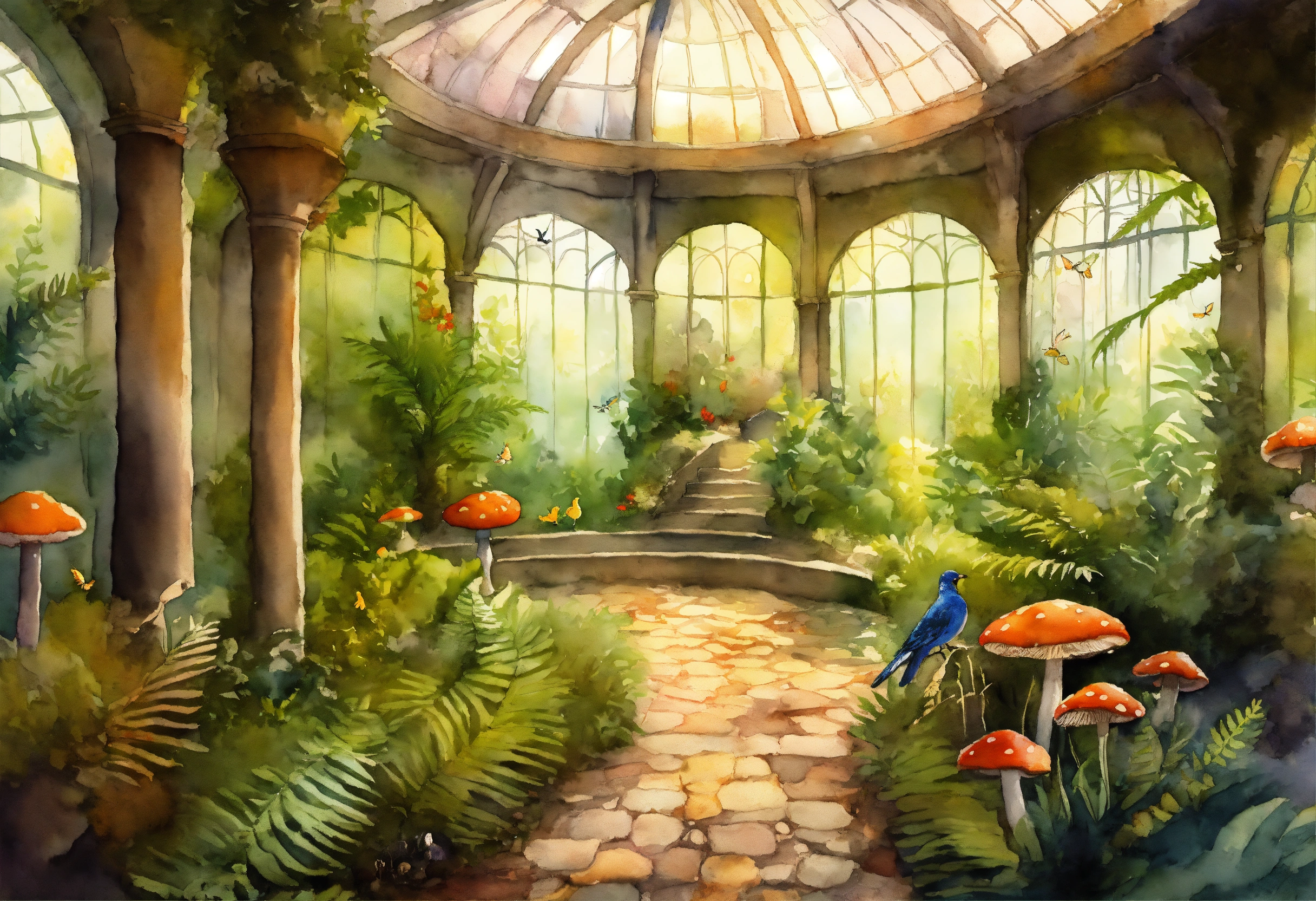 Lexica - A cobblestone pathway winding through an aviary atrium filled ...