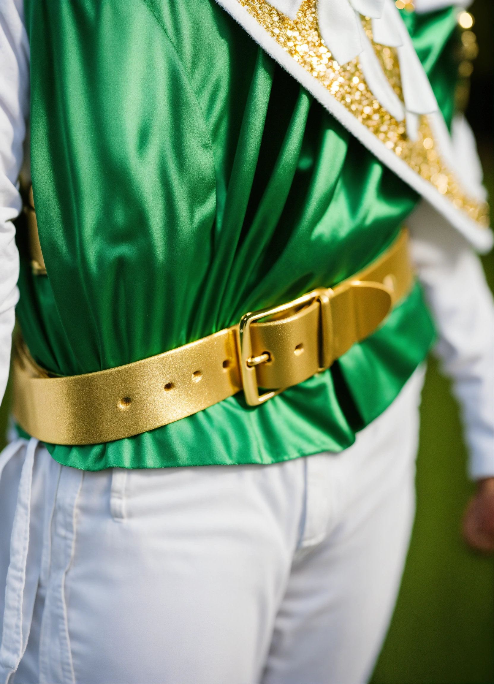 Lexica - Christmas elf costume, gold belt, green and white, close up, back