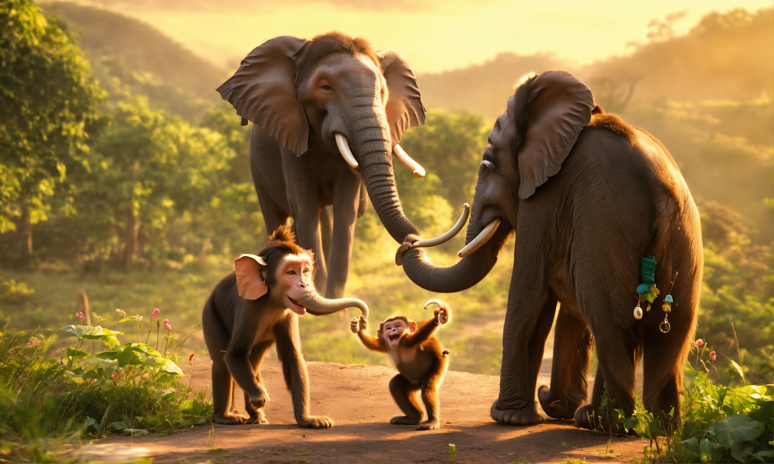 Lexica - Monkey and elephat Ellie, startled at first, looked at the ...