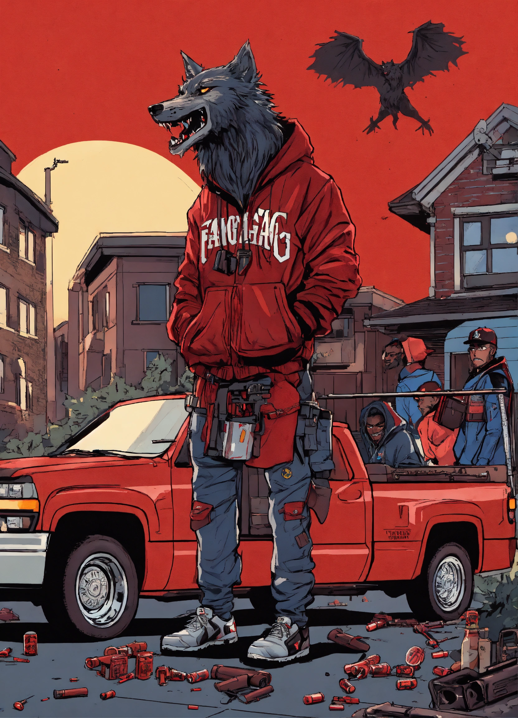 Lexica - Werewolves, in hoodies and baseball caps with the words FANG ...