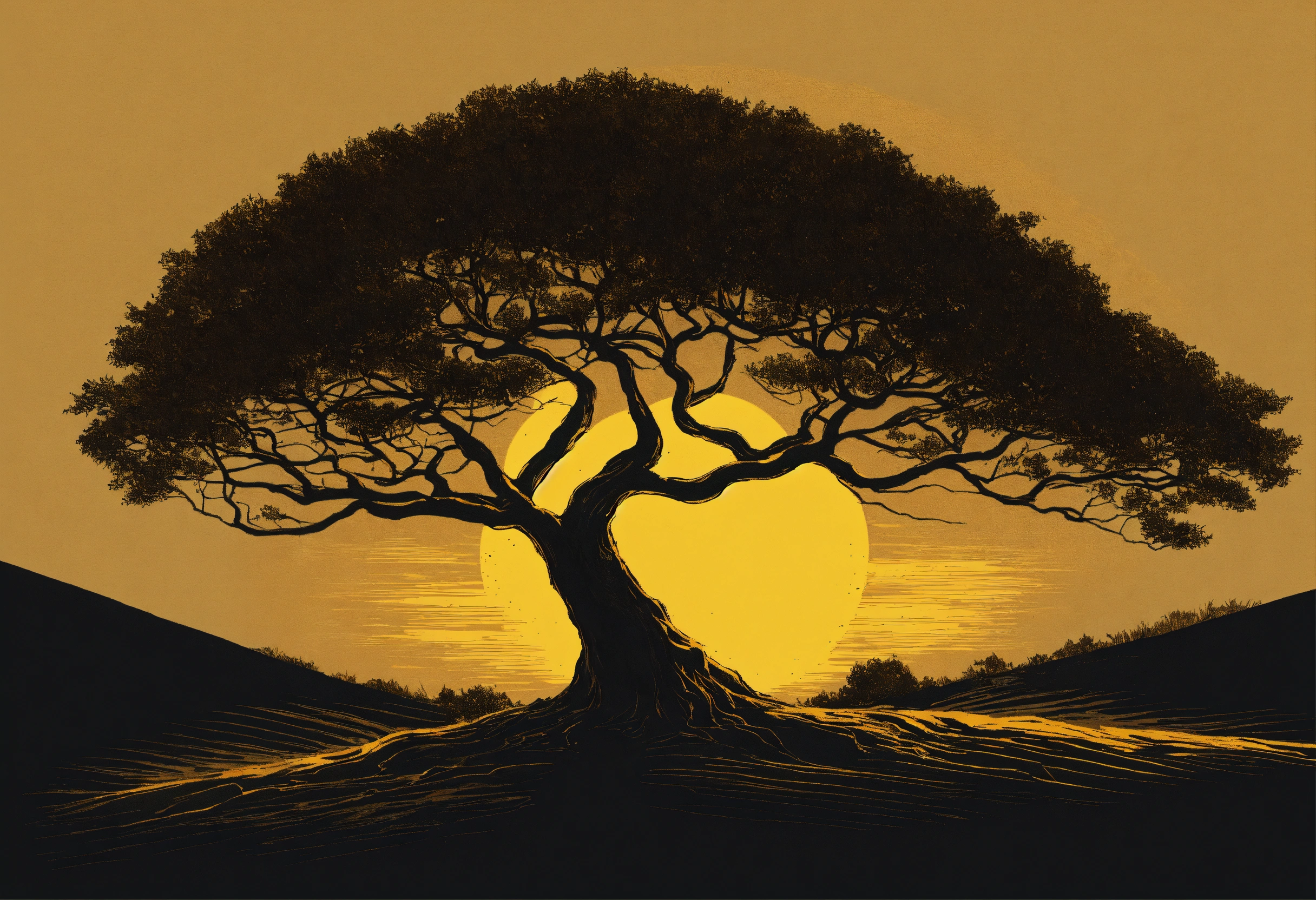 Lexica - Illustration of a black young tee tree with a dark yellow sun ...
