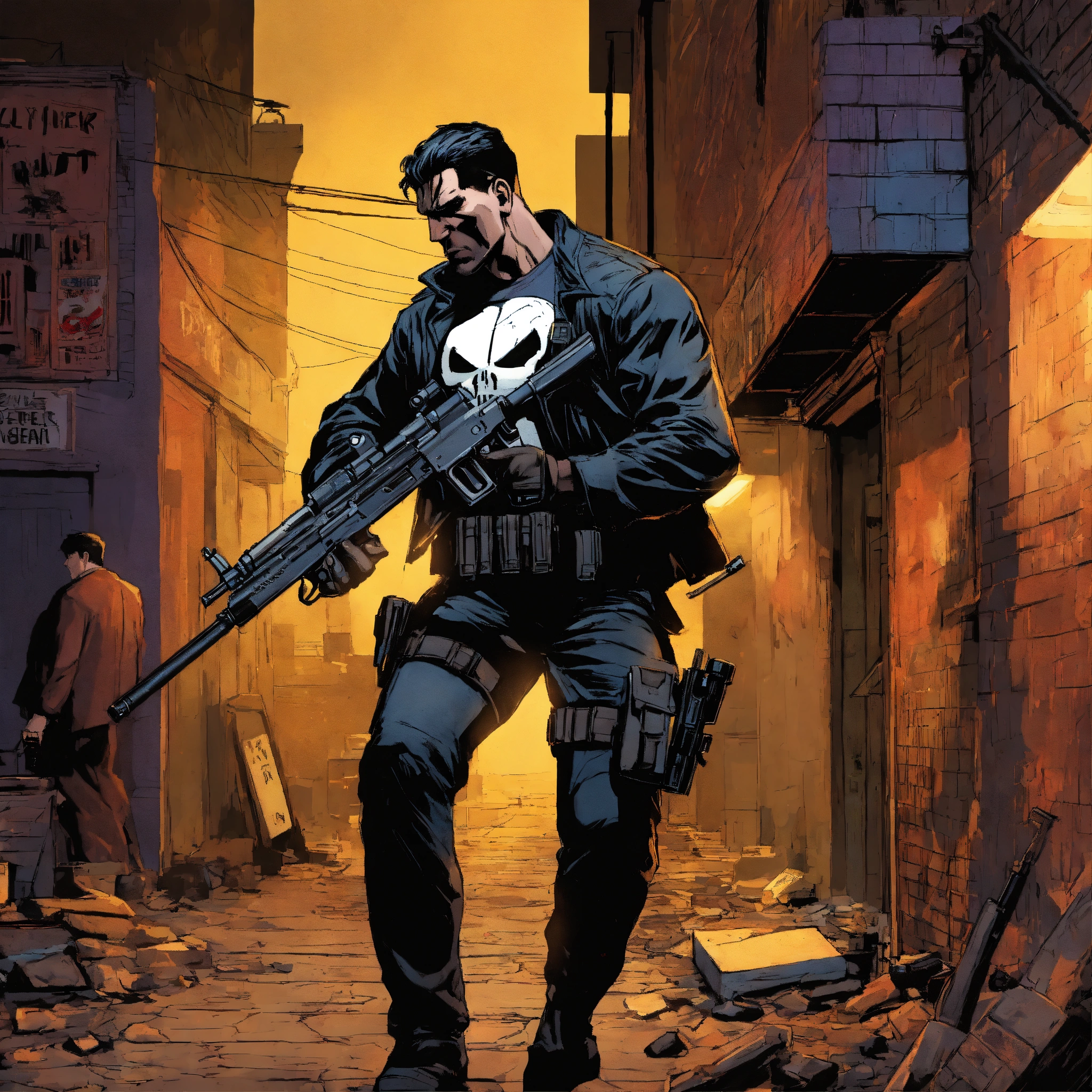Lexica - The punisher, shooting guns in alley at night, marvel