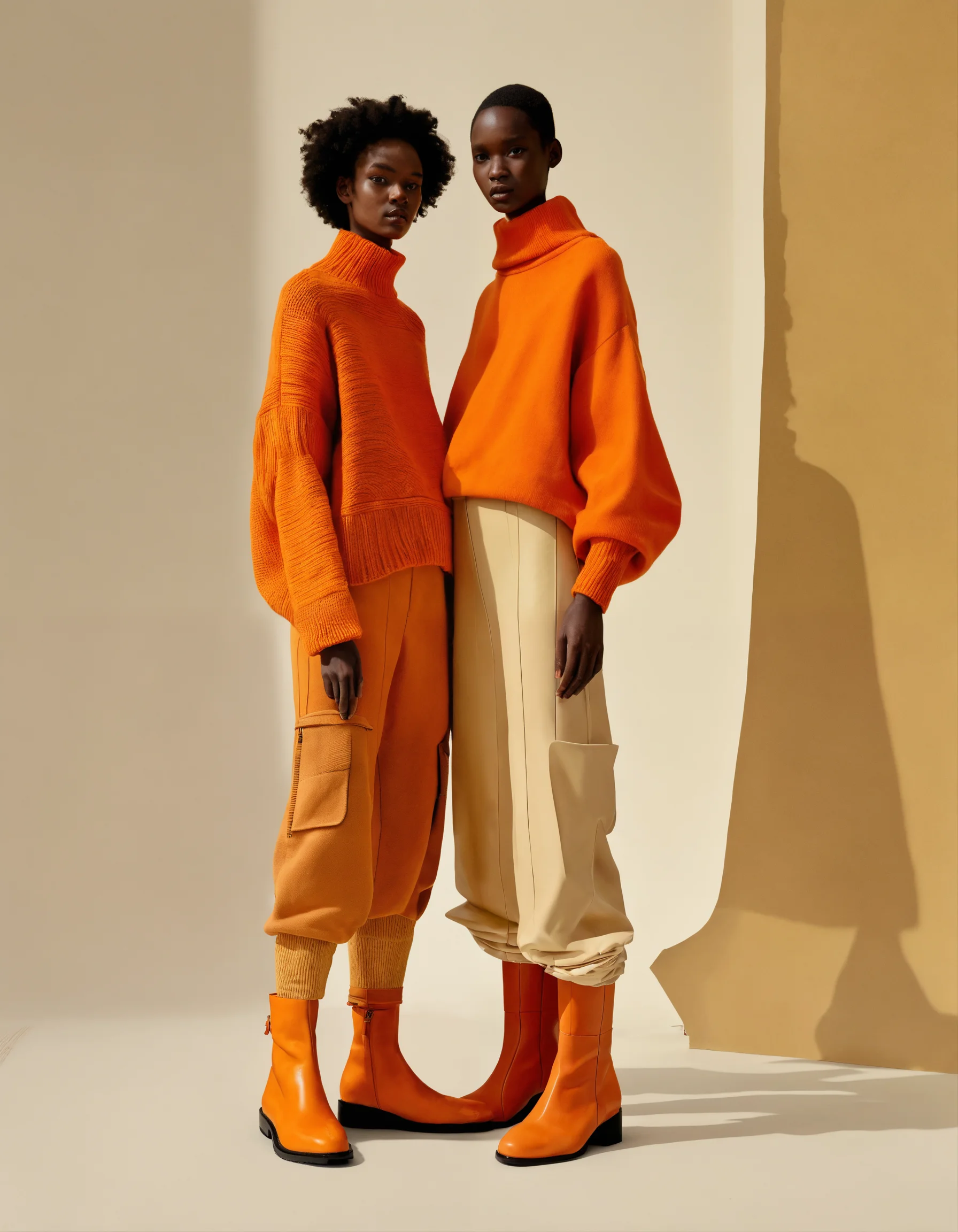 Lexica - Two models wearing orange sweaters and ankle boots, in the ...