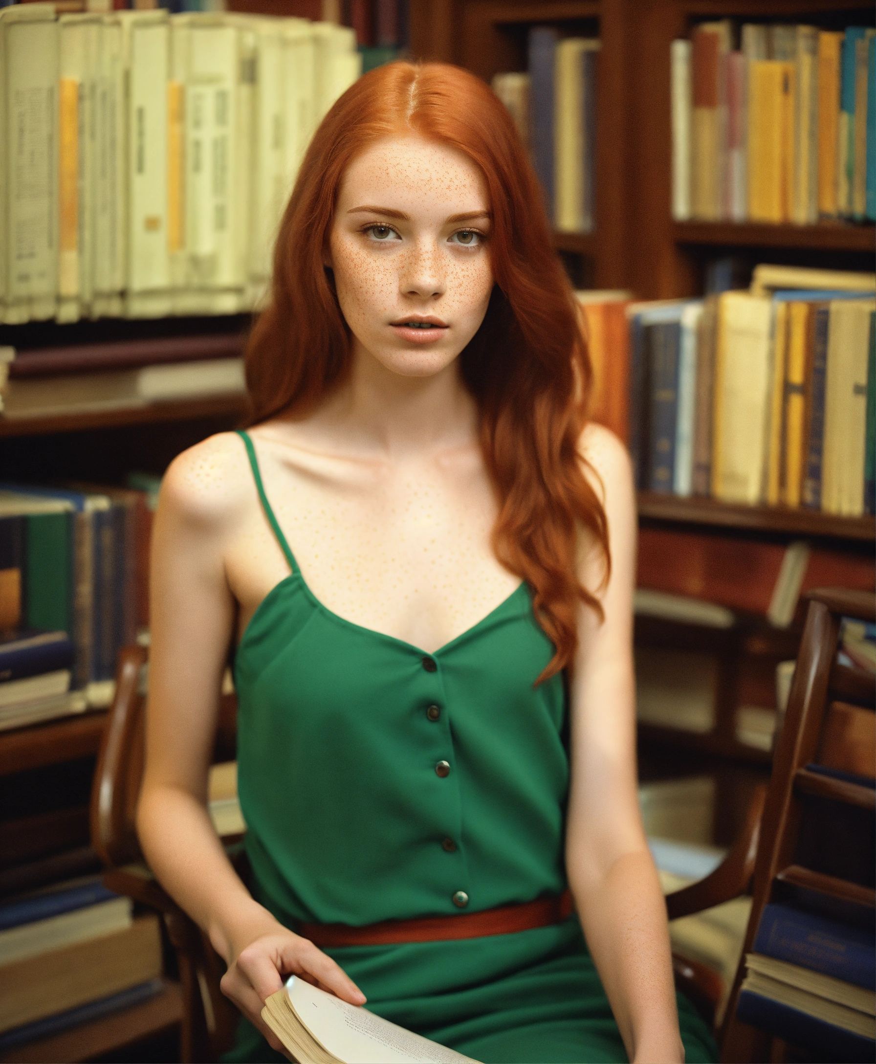 Lexica - Realistic photo of a tall and skinny twenty-year-old redhead  female with freckles, wearing a red dress. Sitting on a chair and studying  at a...