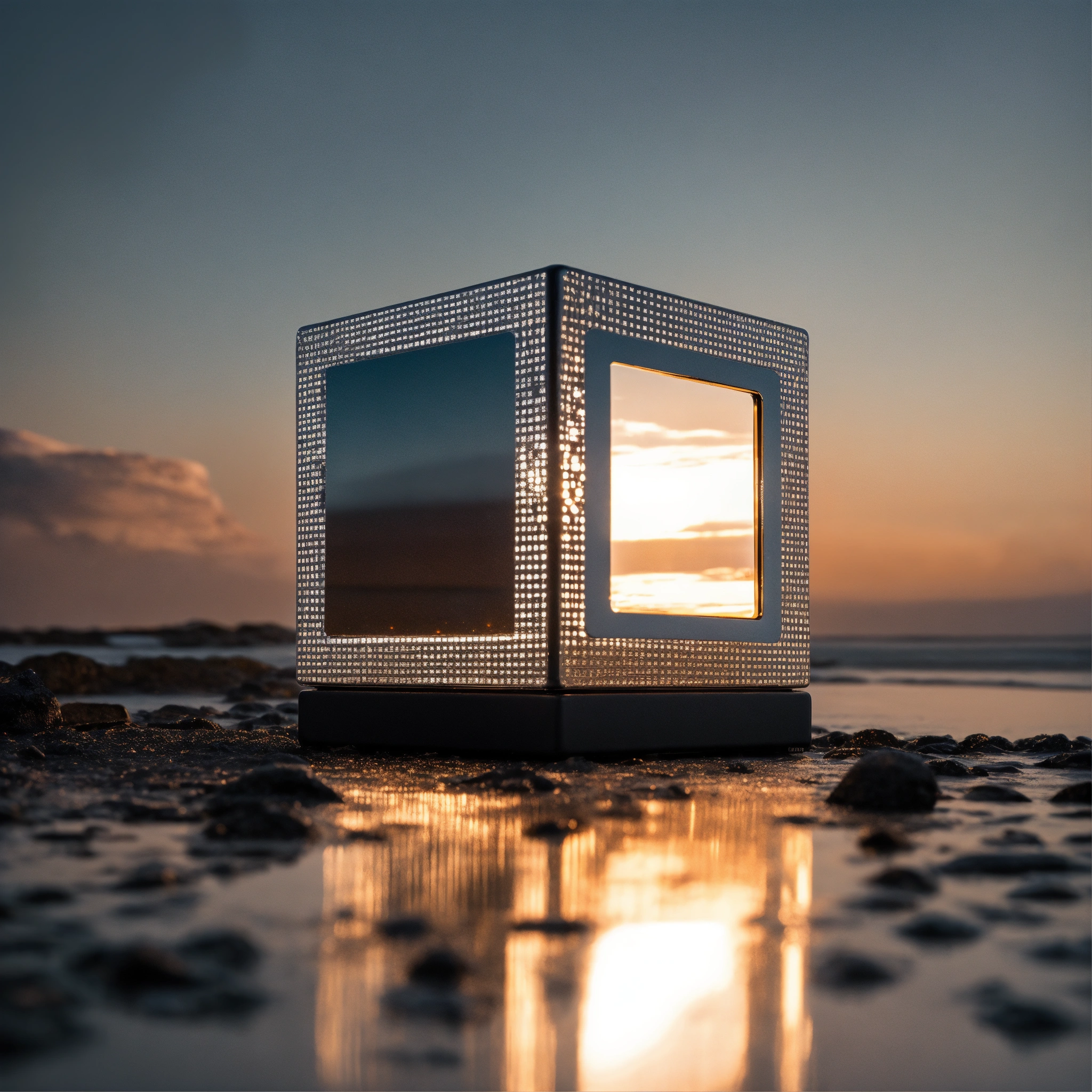 Lexica - Create a minimalistic reflective tech cube in metallic silver.