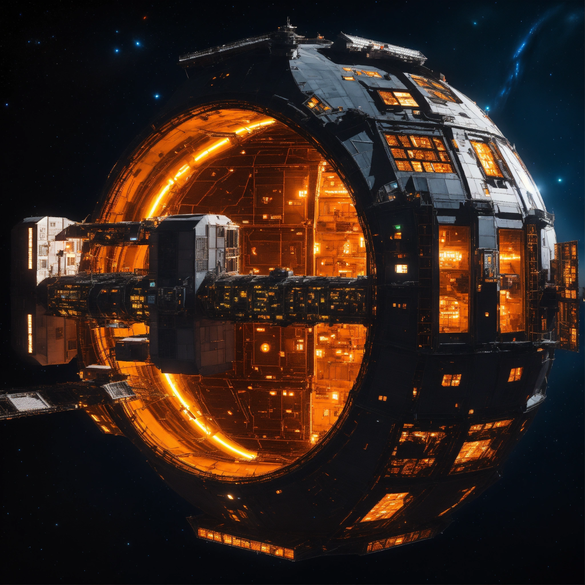 Lexica - Entire giant orange space station in dark space from top with ...