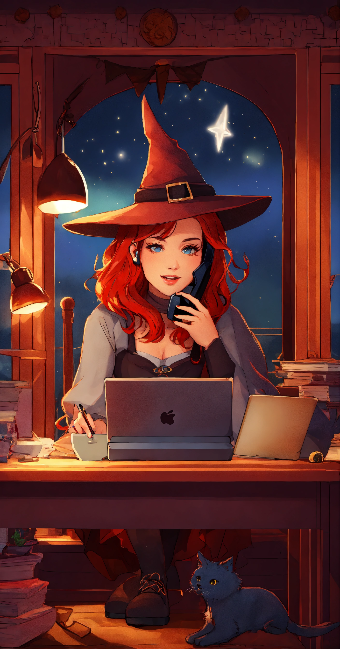 Lexica - Red-haired witch on the phone on her computer