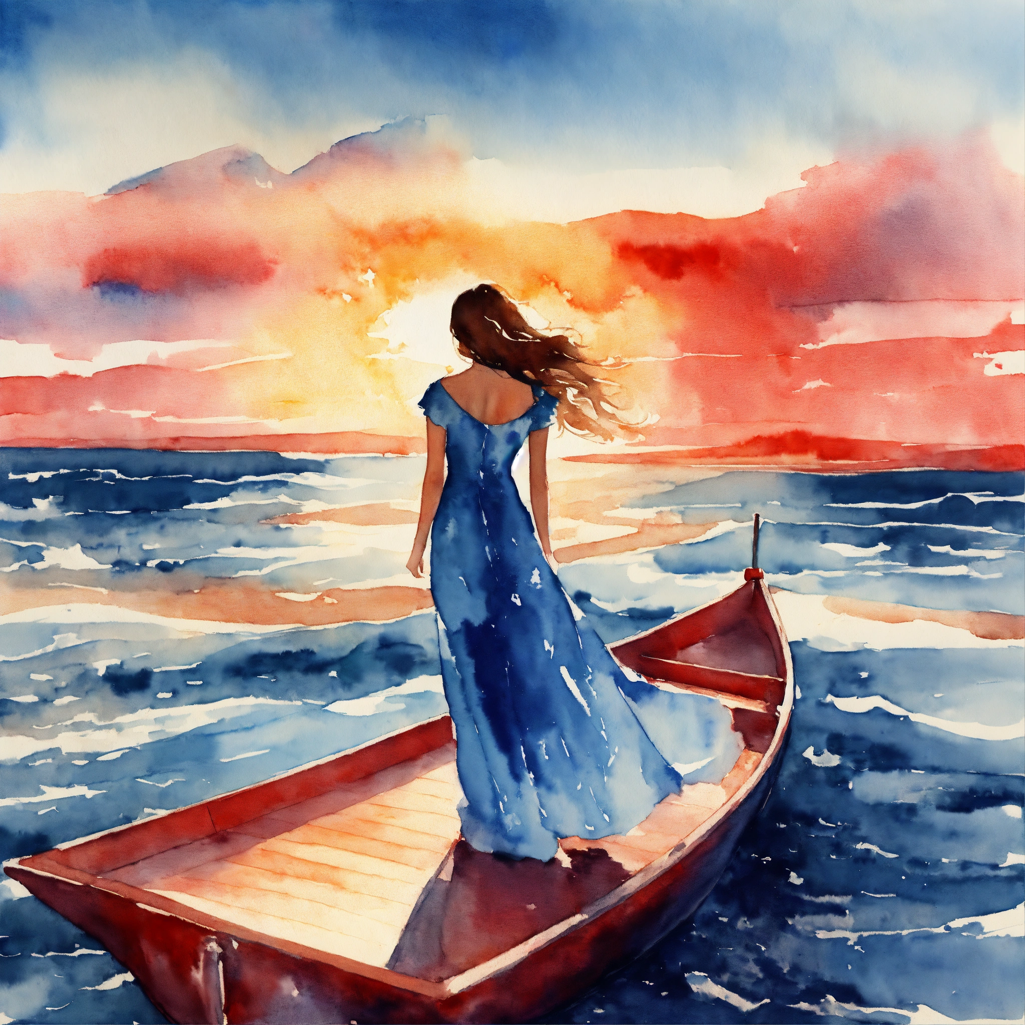 Lexica - Watercolor picture of a woman in long romantic blue dress ...
