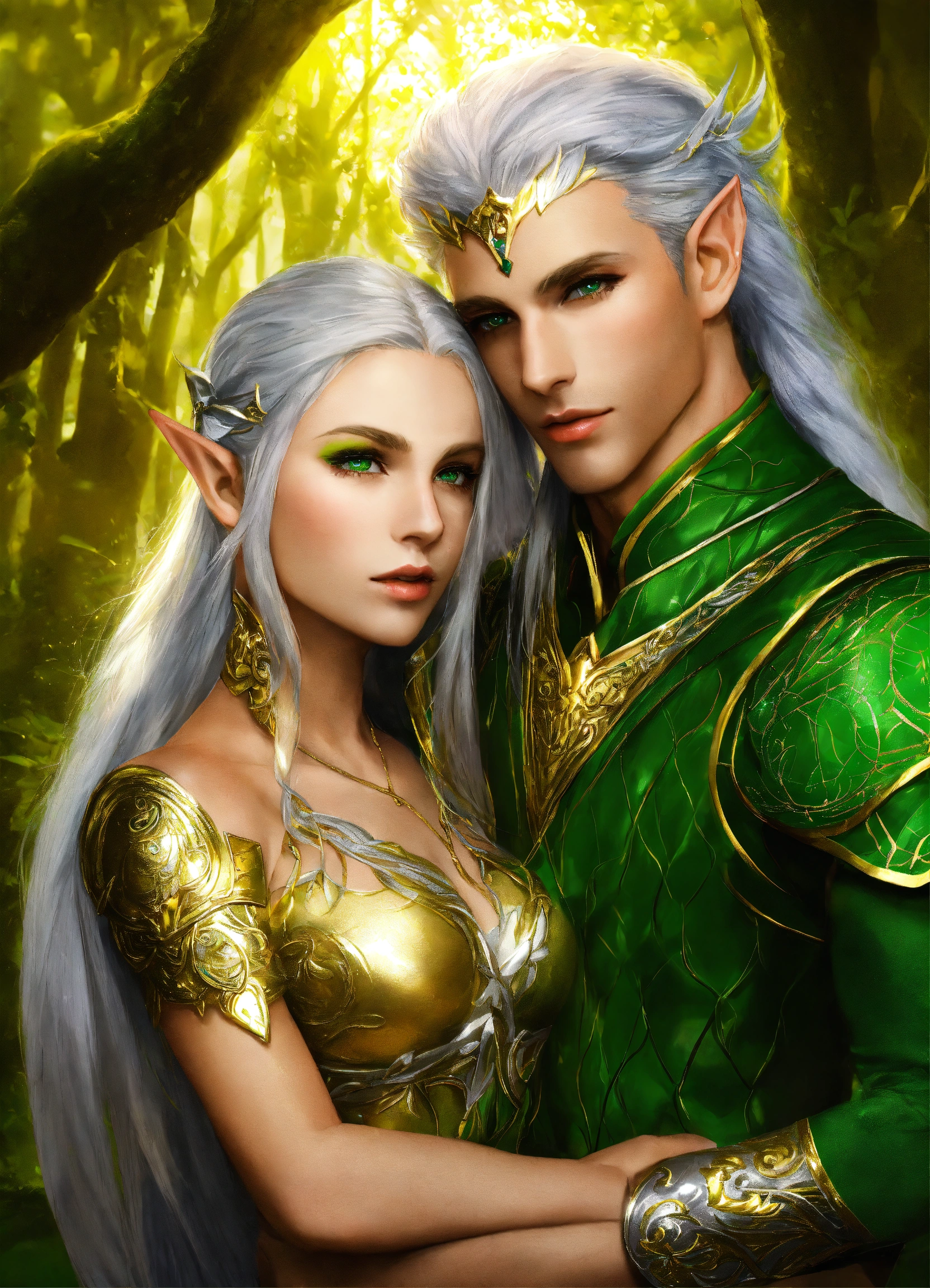 Lexica - Fantasy, man and woman, elf, gold skin, green eyes, silver ...