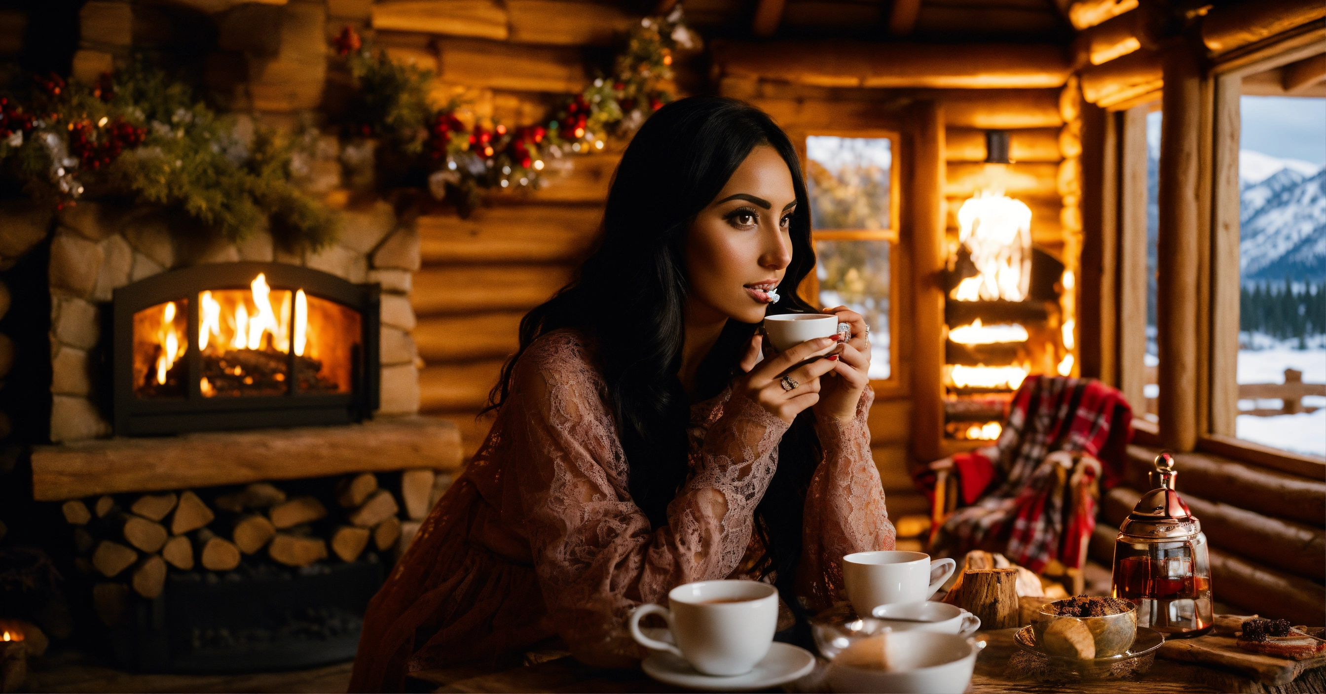 Lexica - Portrait of Anissa Kate in lace skirt, sipping tea inside a  tradional log cabin with a fireplace. Outside is a Montana winter landscape.