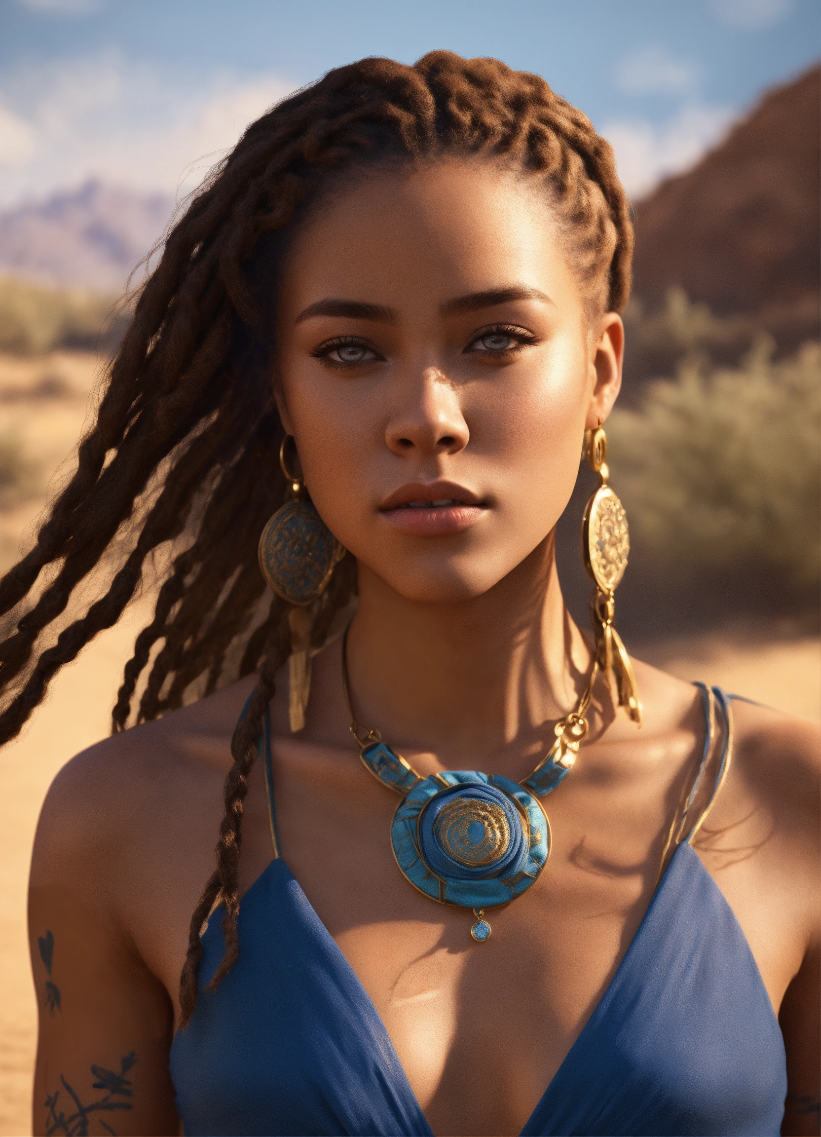 Lexica - Portrait of light skin woman, age 20, blue wrap dress, locs ...