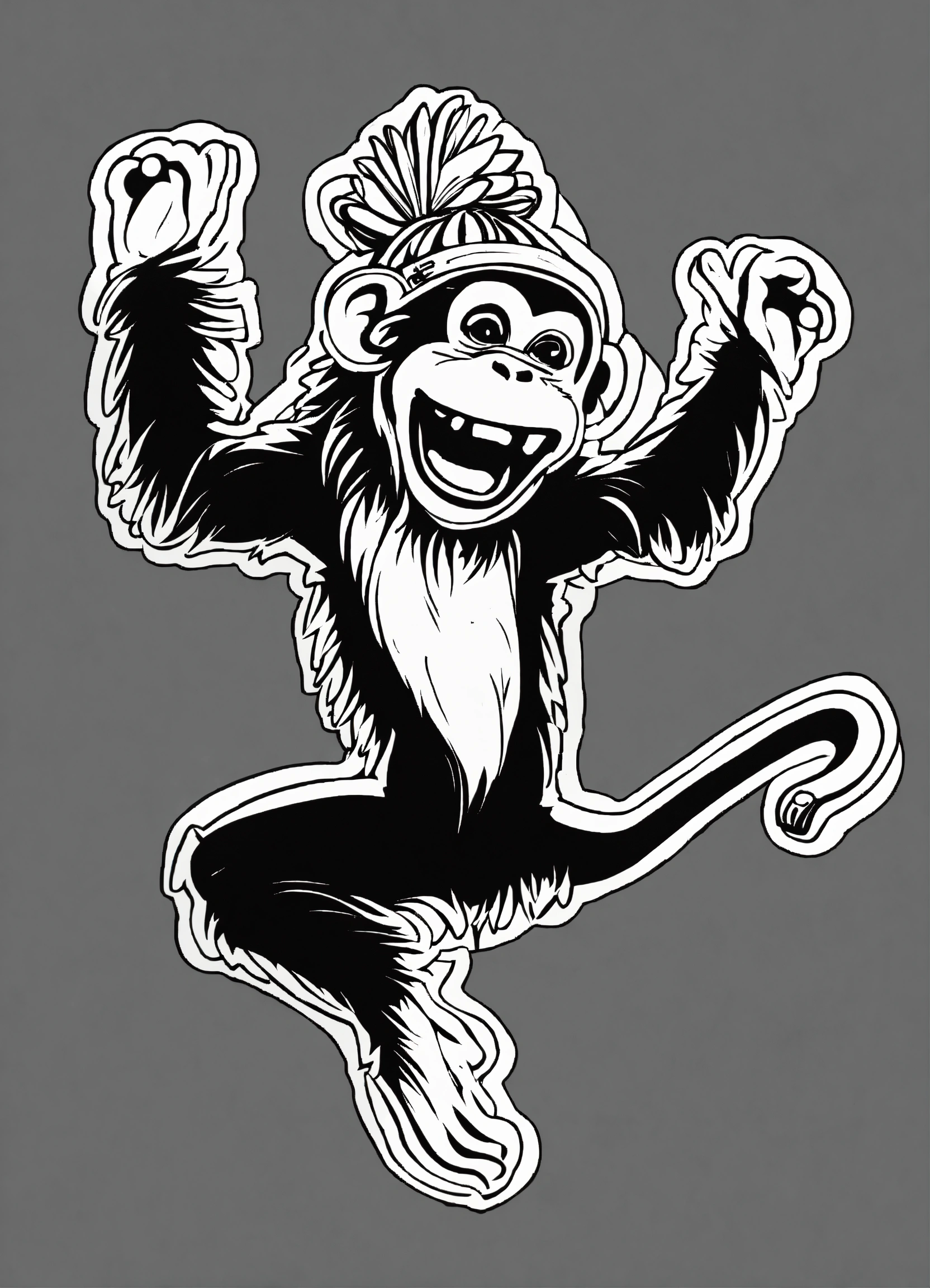 Lexica - Monkey dancing sticker style illustration black and white