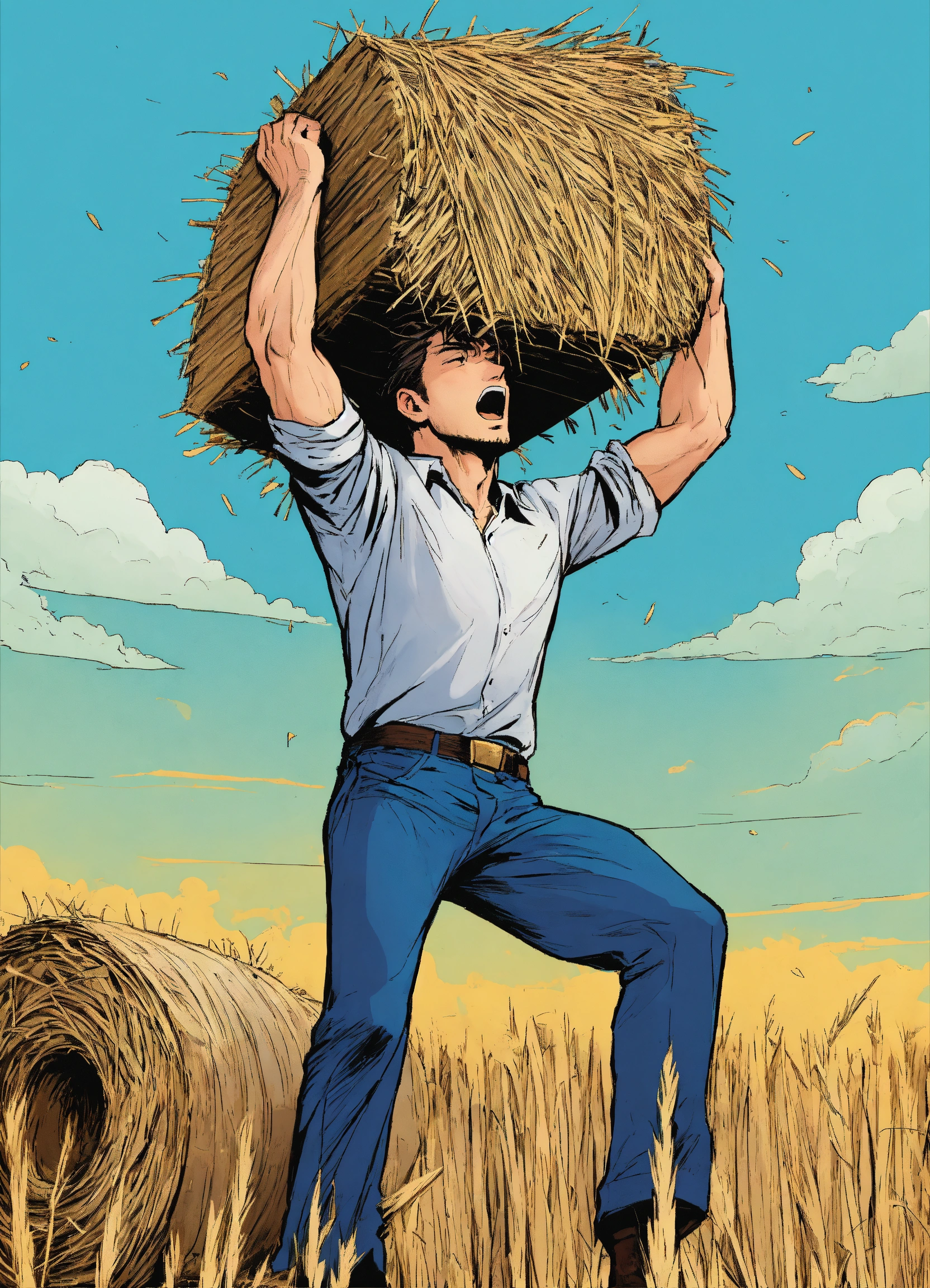Lexica - A man with both arms in the air is holding a bale of straw ...