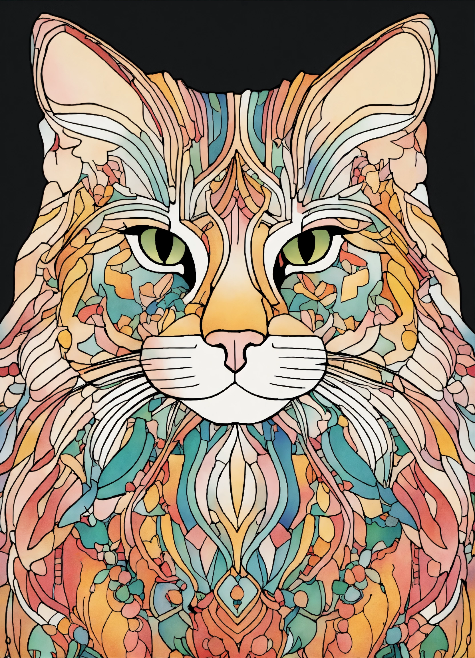Lexica - Cat, outline, one line, low detail, coloring book page, full color