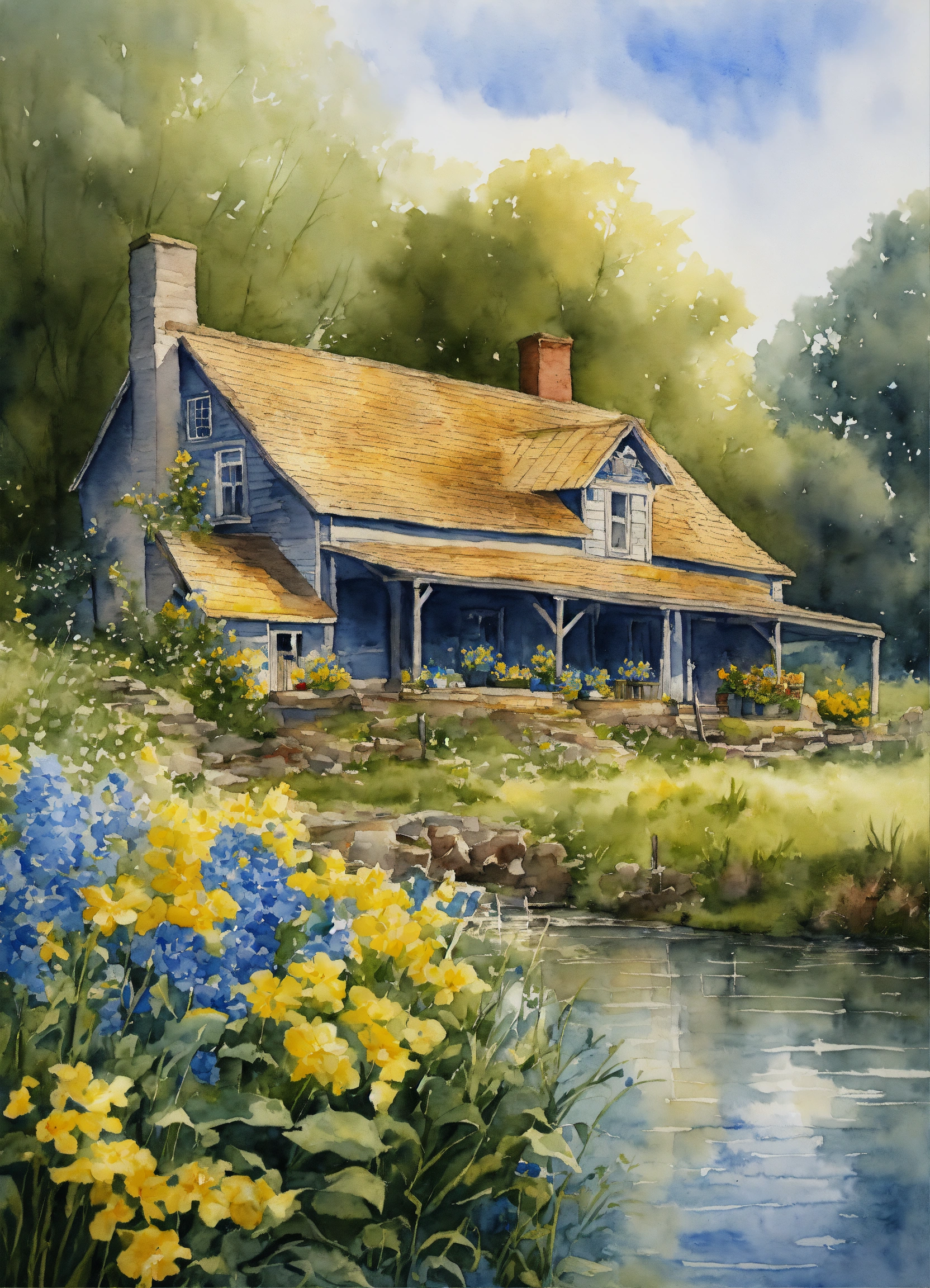 Lexica - Watercolor painting of an Old Farmhouse on a river, blue and ...