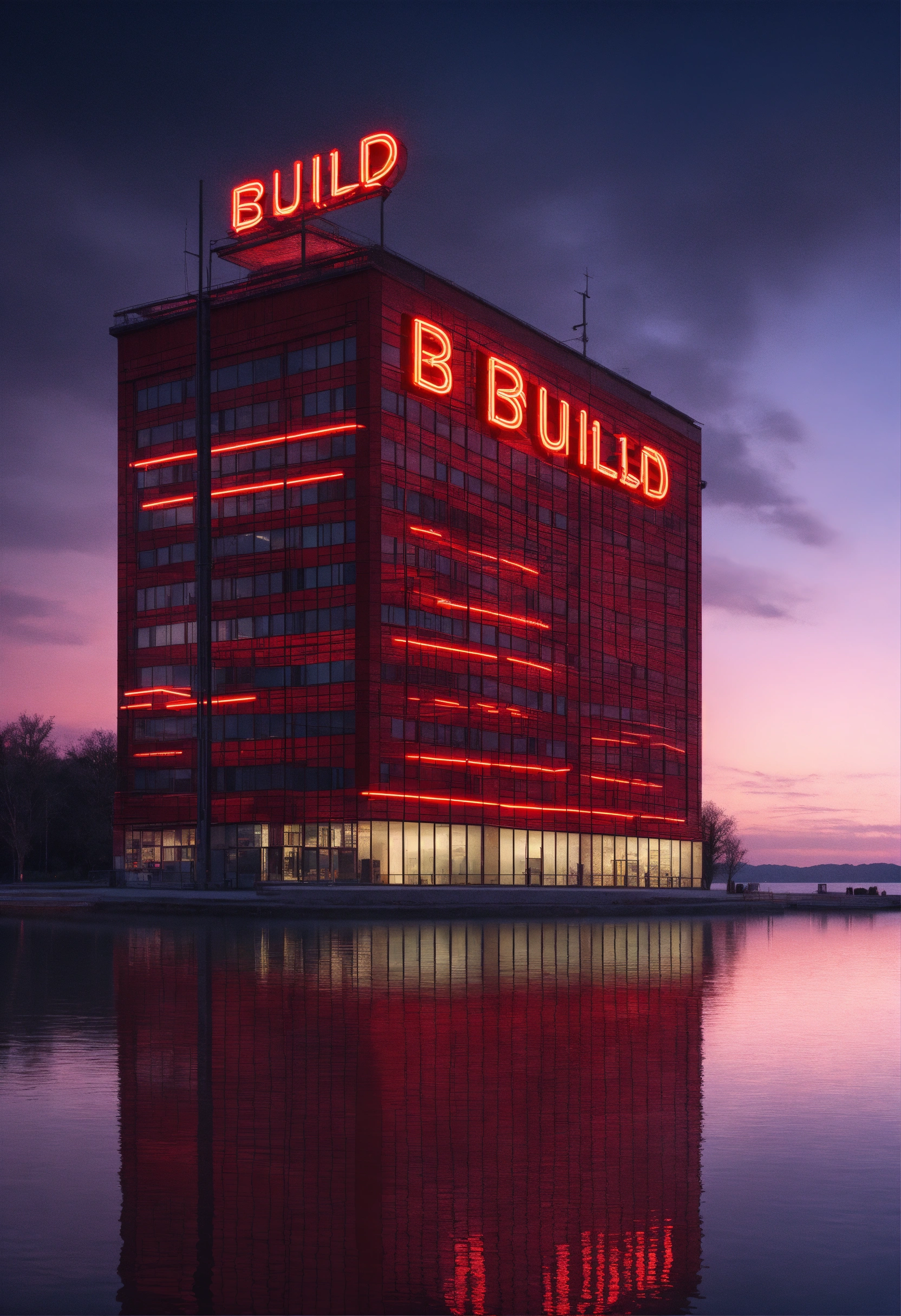 Lexica - A red neon sign that says (B U I L D) on a tall building ...