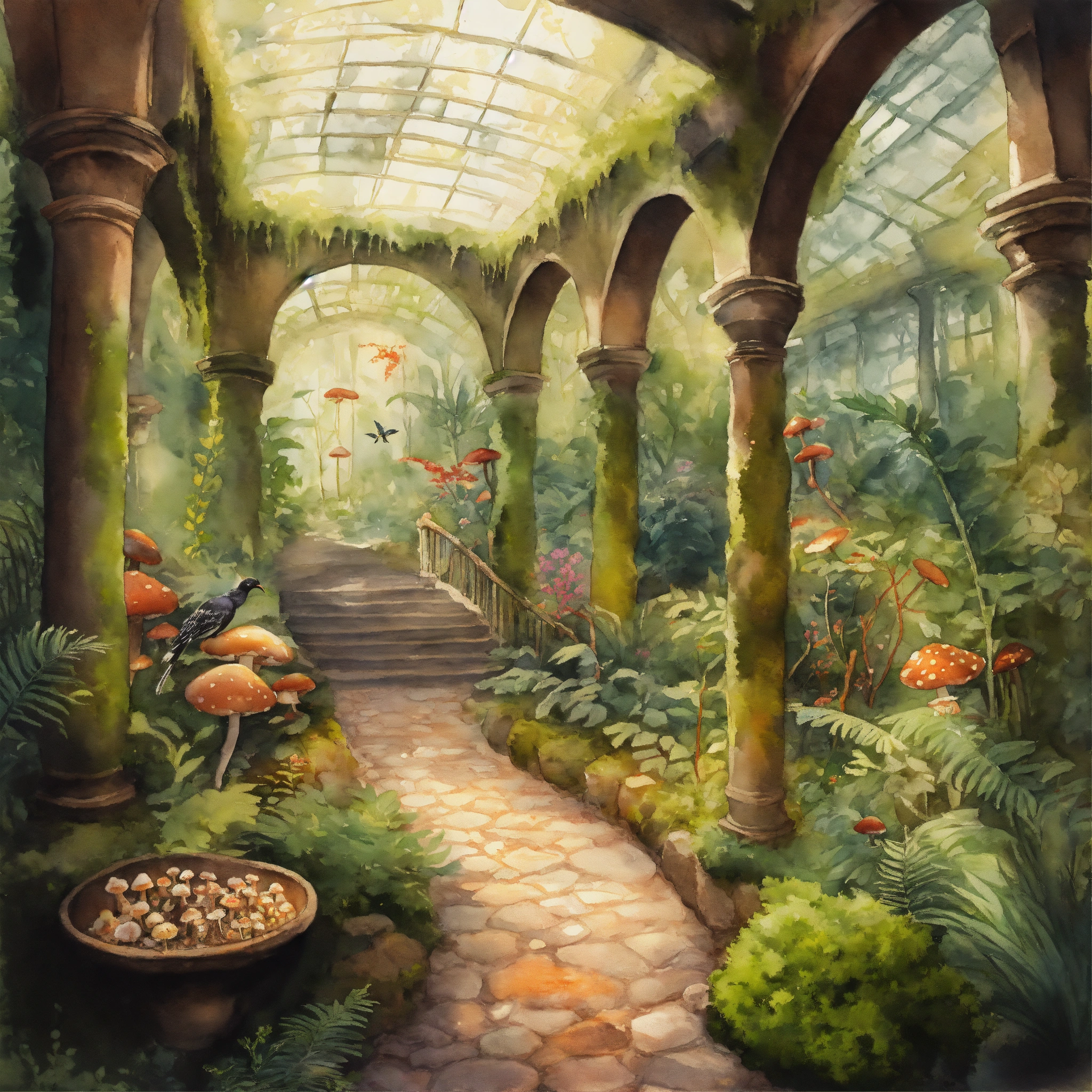Lexica - A cobblestone pathway winding through an aviary atrium filled ...