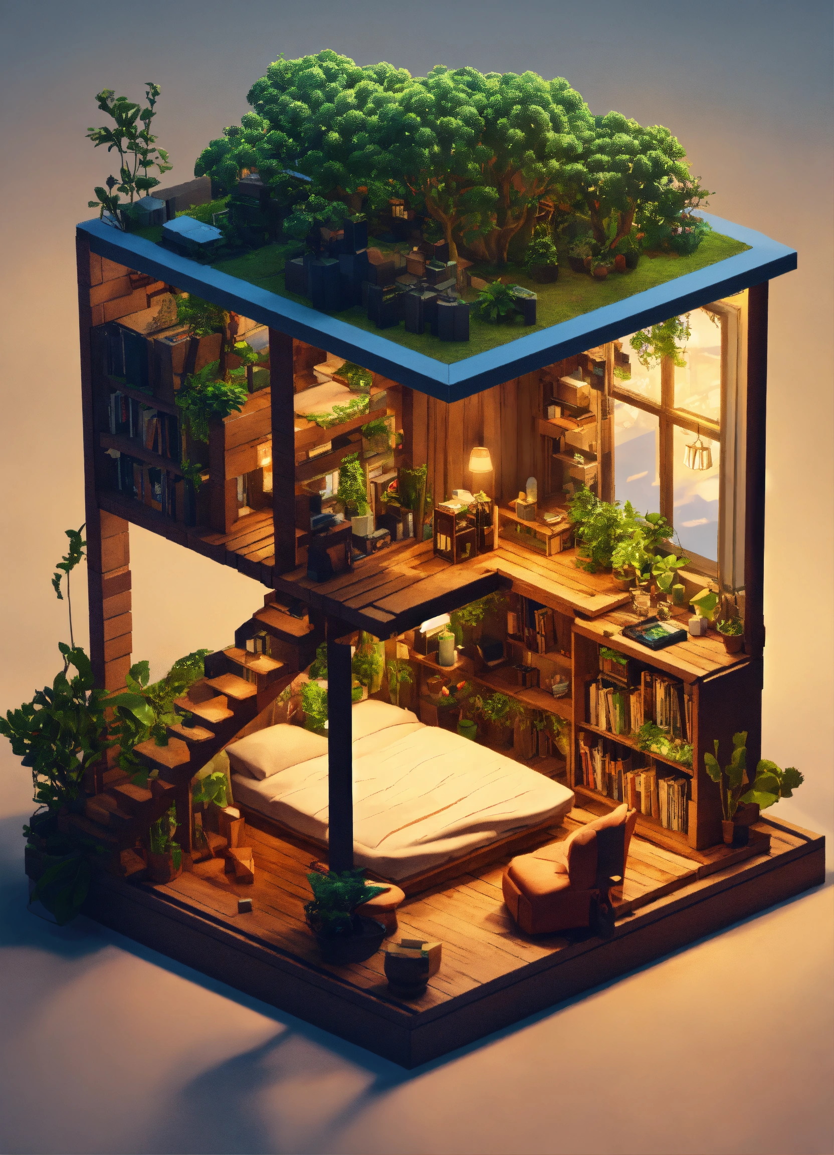 Lexica - Cube cutout of an isometric treehouse with a gaming pc ...