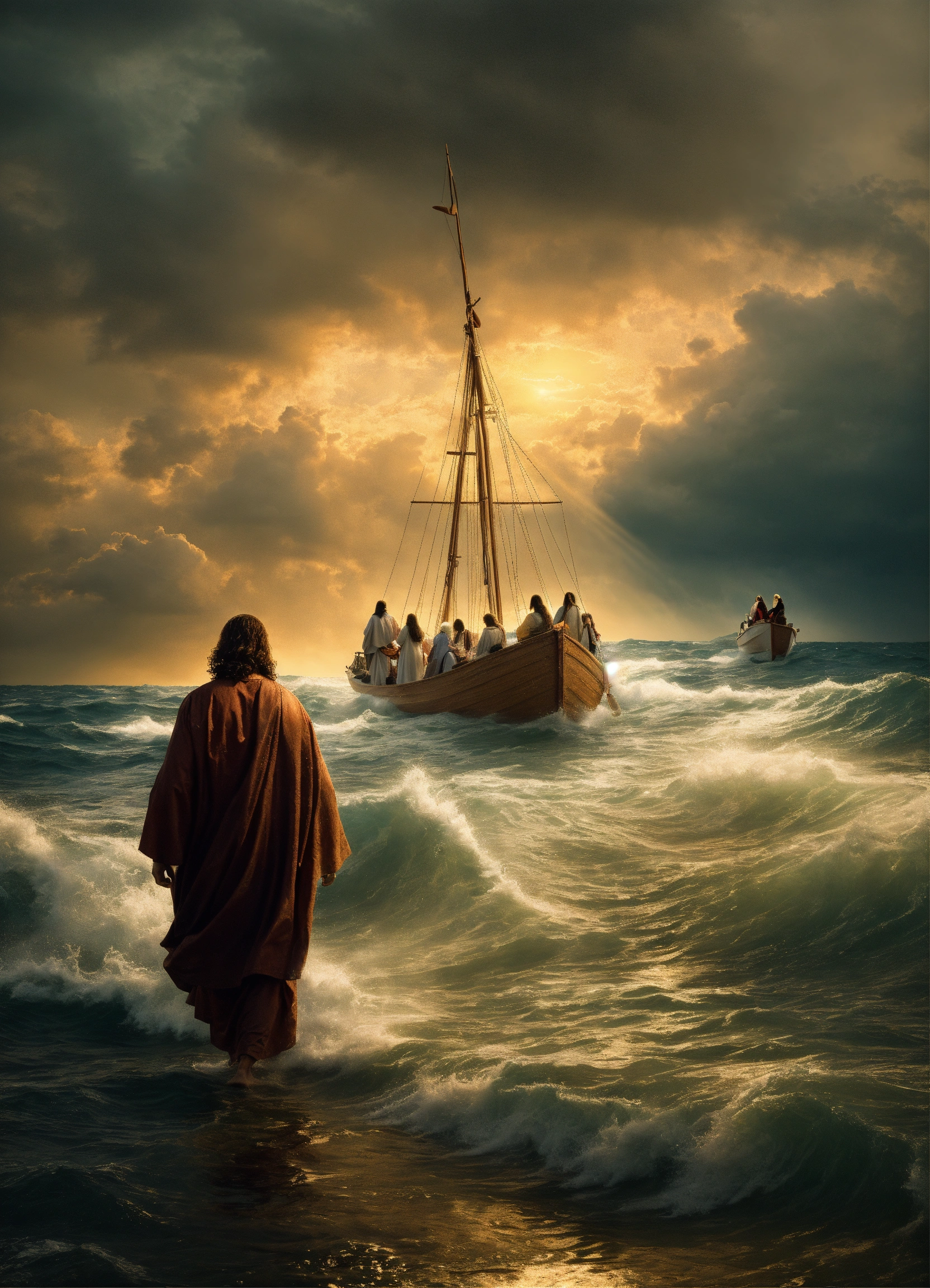 Lexica - Jesus walking on the water towards a boat with people in the ...