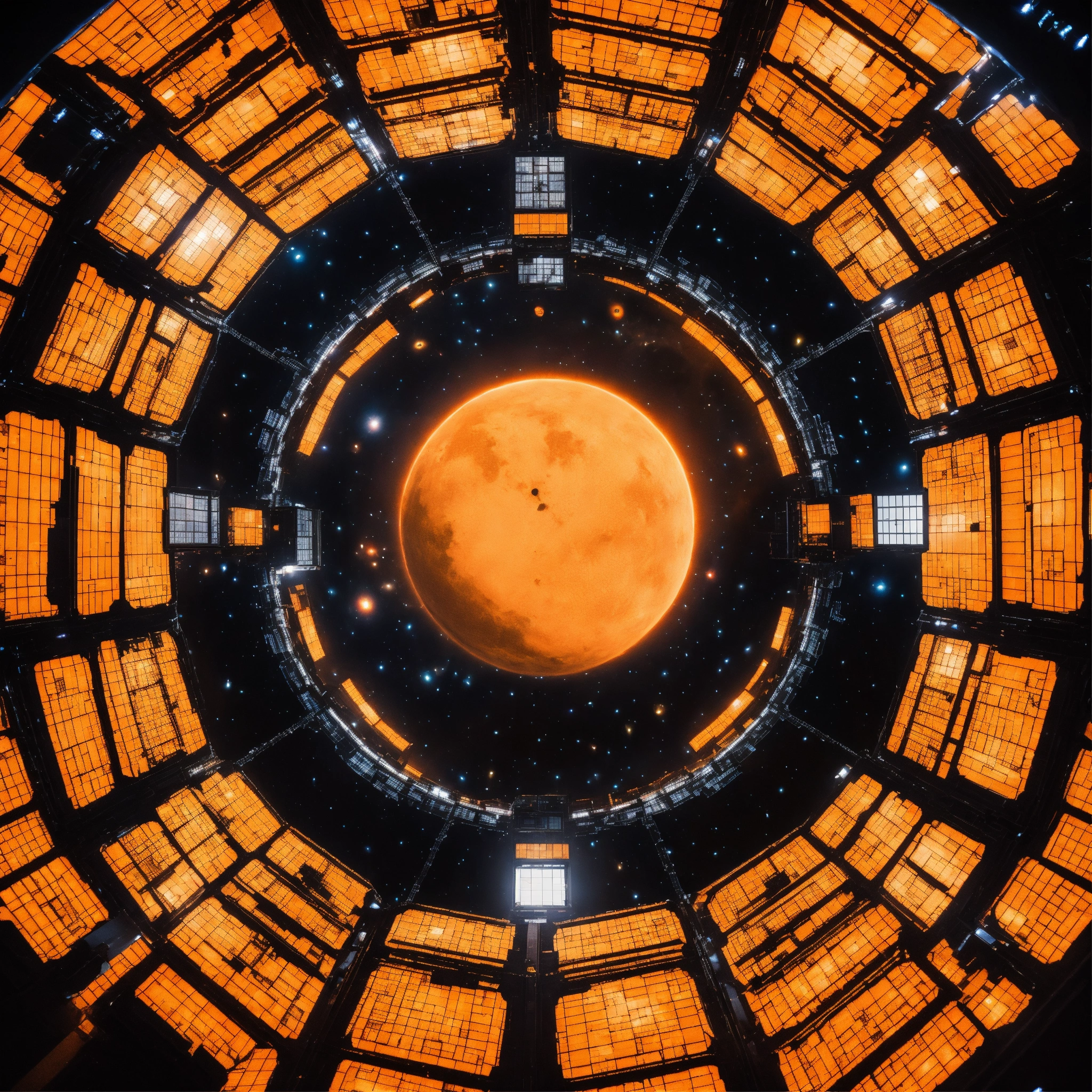 Lexica - Entire giant orange space station in dark space from top with ...