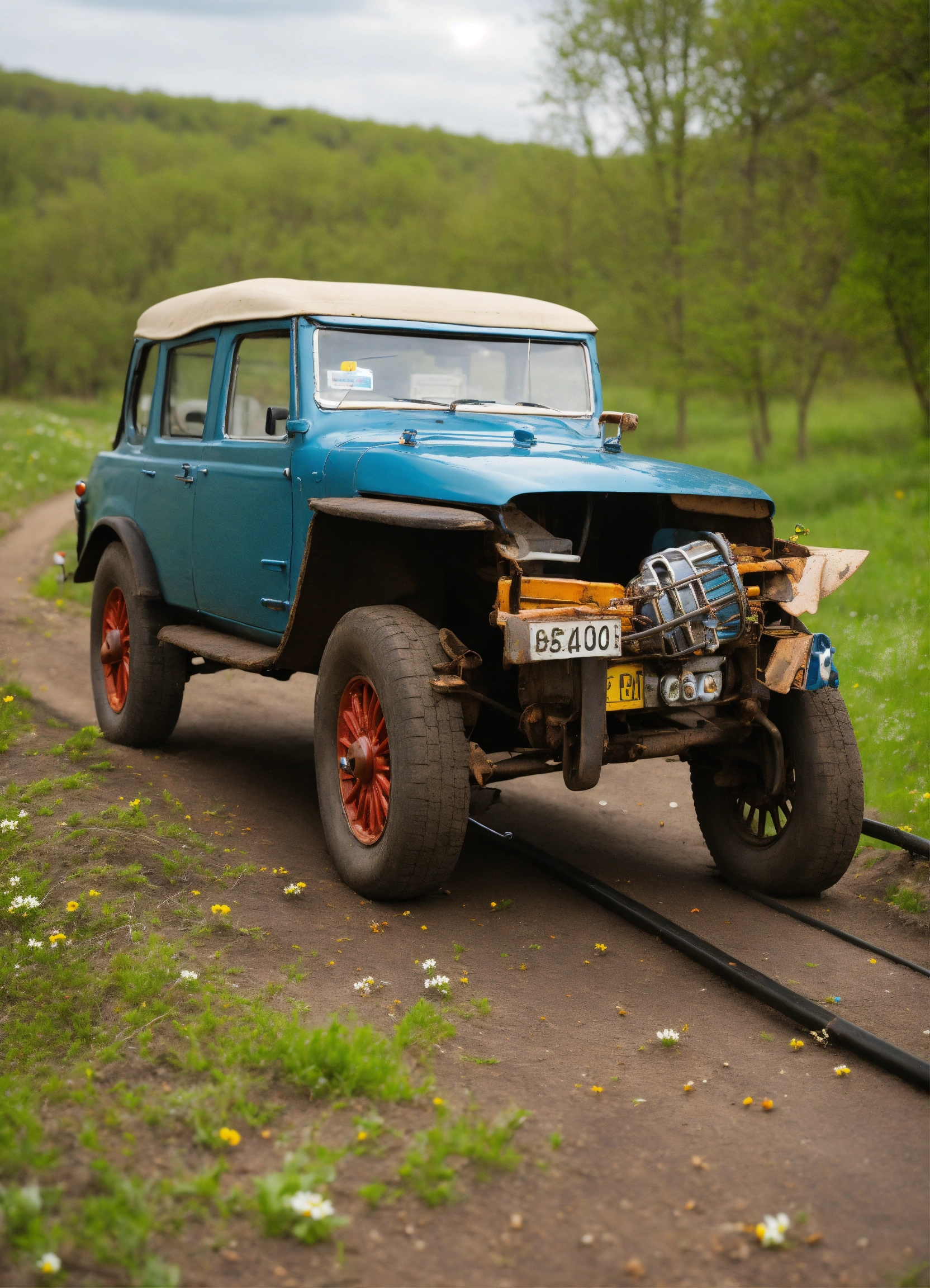 Lexica - Car with a spring on the roof. Attached to the spring is a hand