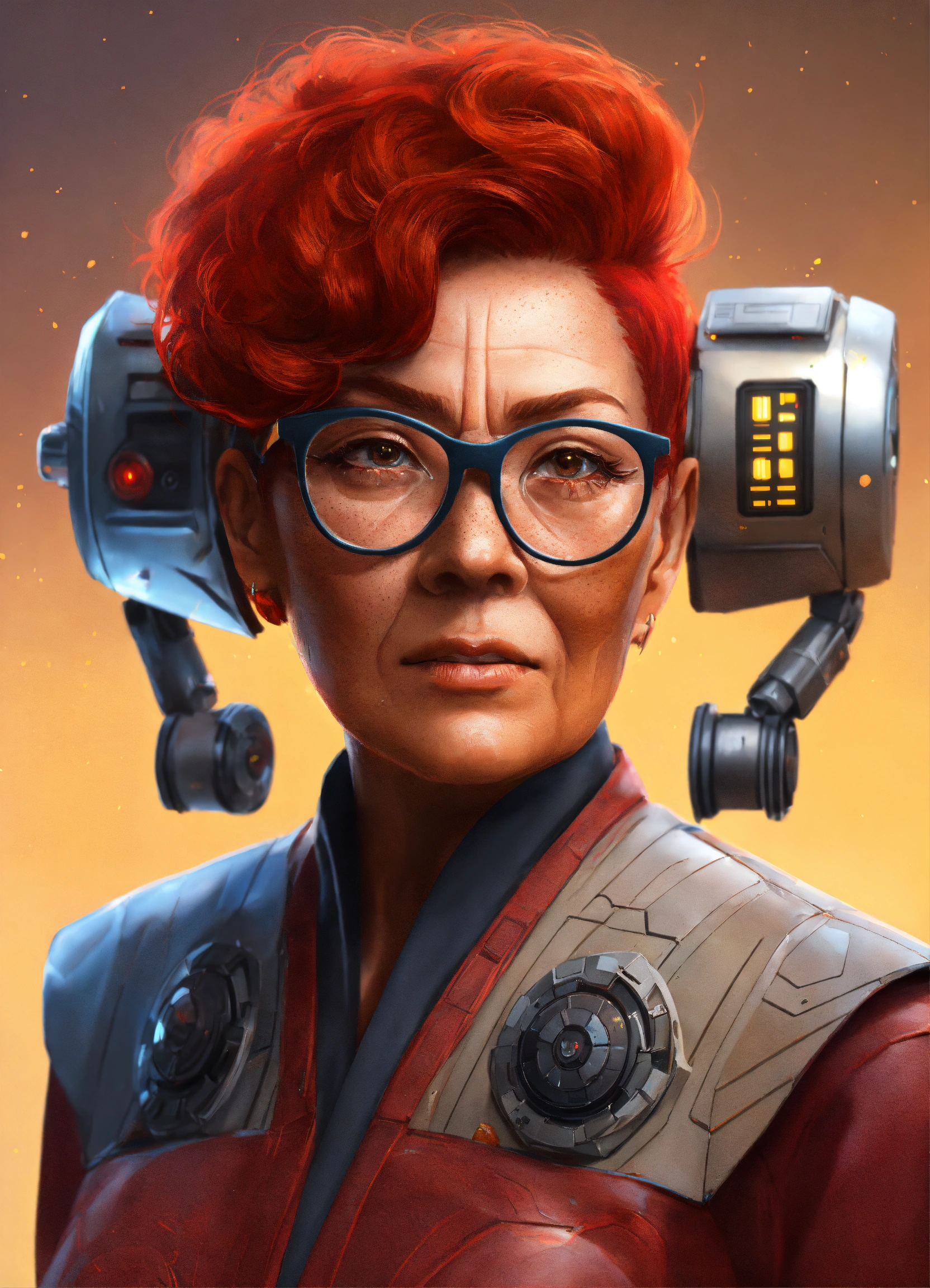 Lexica - A star wars style android robot inspired in a red haired latina  grandma with glasses, short spiky hair and freckles