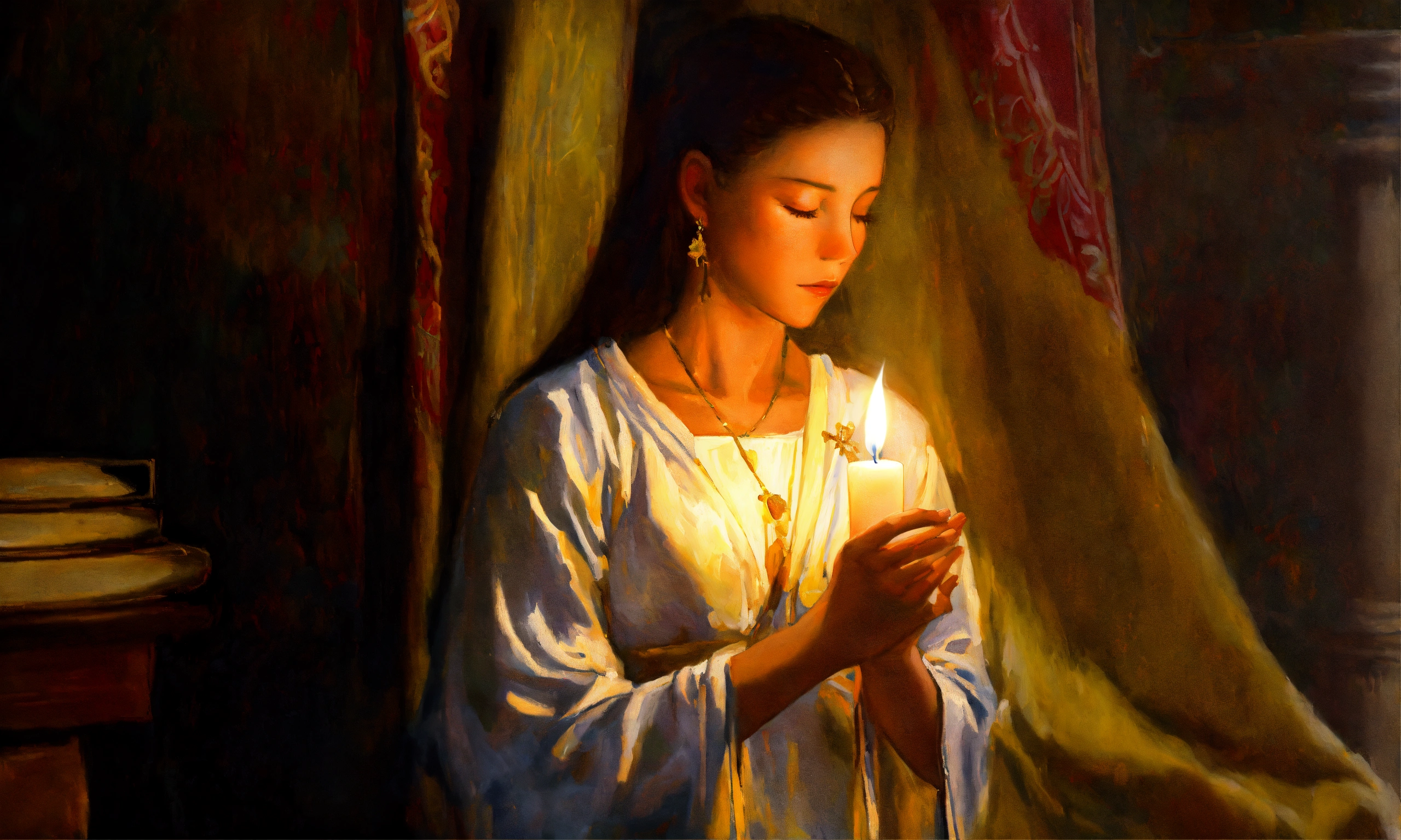 Lexica - Oil painting of a woman praying while holding candle