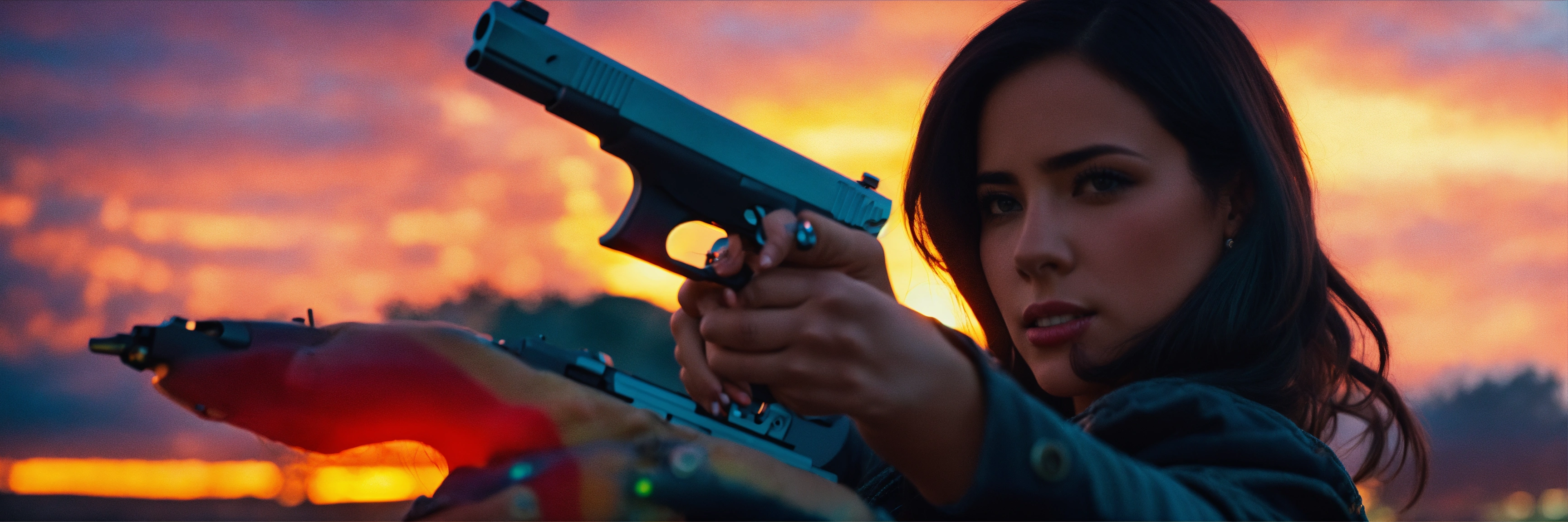Lexica - Close up of a Woman holding a pistol down by her side in front ...