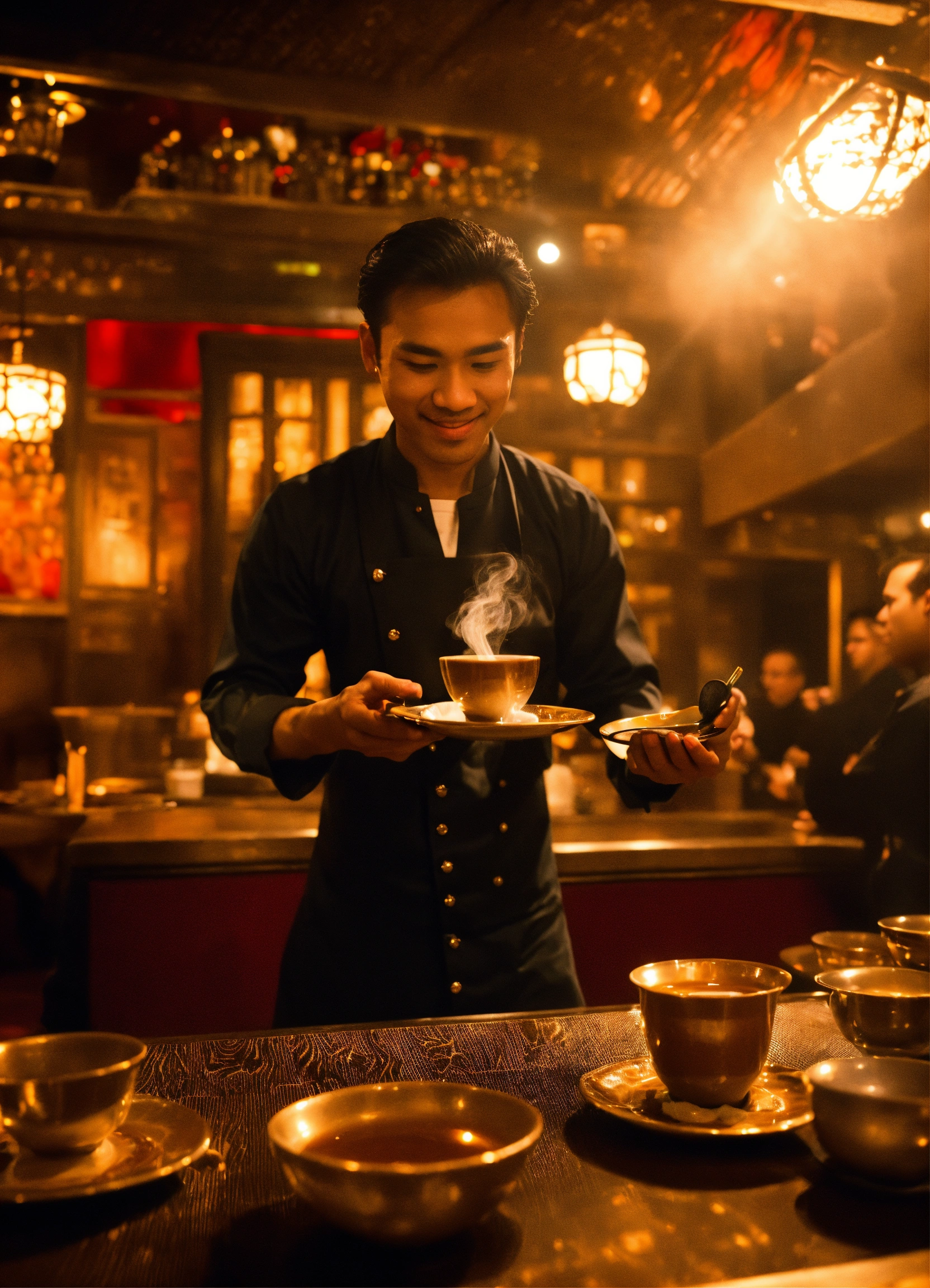 Lexica - Skilled server juggles Chai tea from one cup to another cup in ...