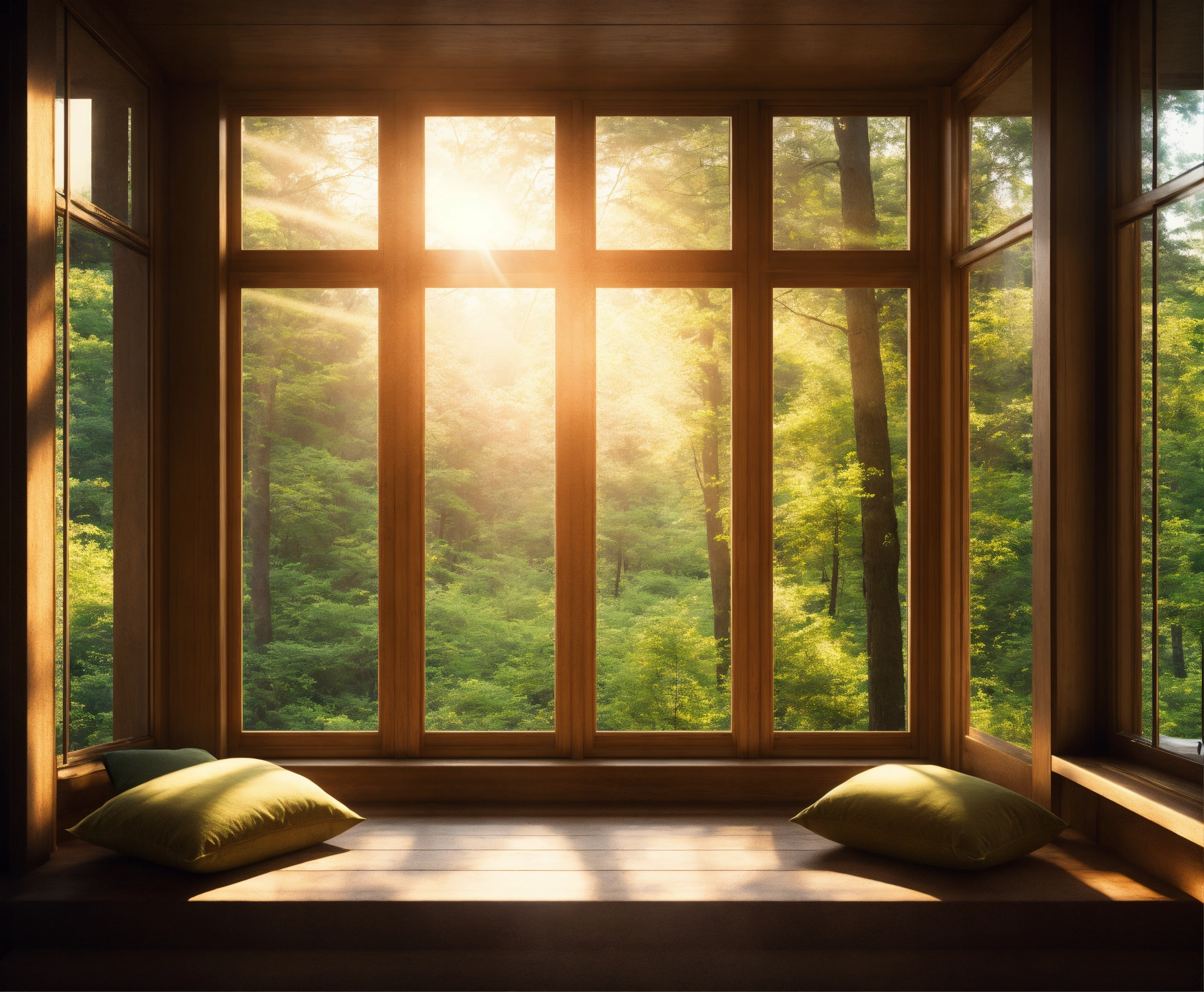 Lexica - A picture of a window with a forest view and sunlight shining ...