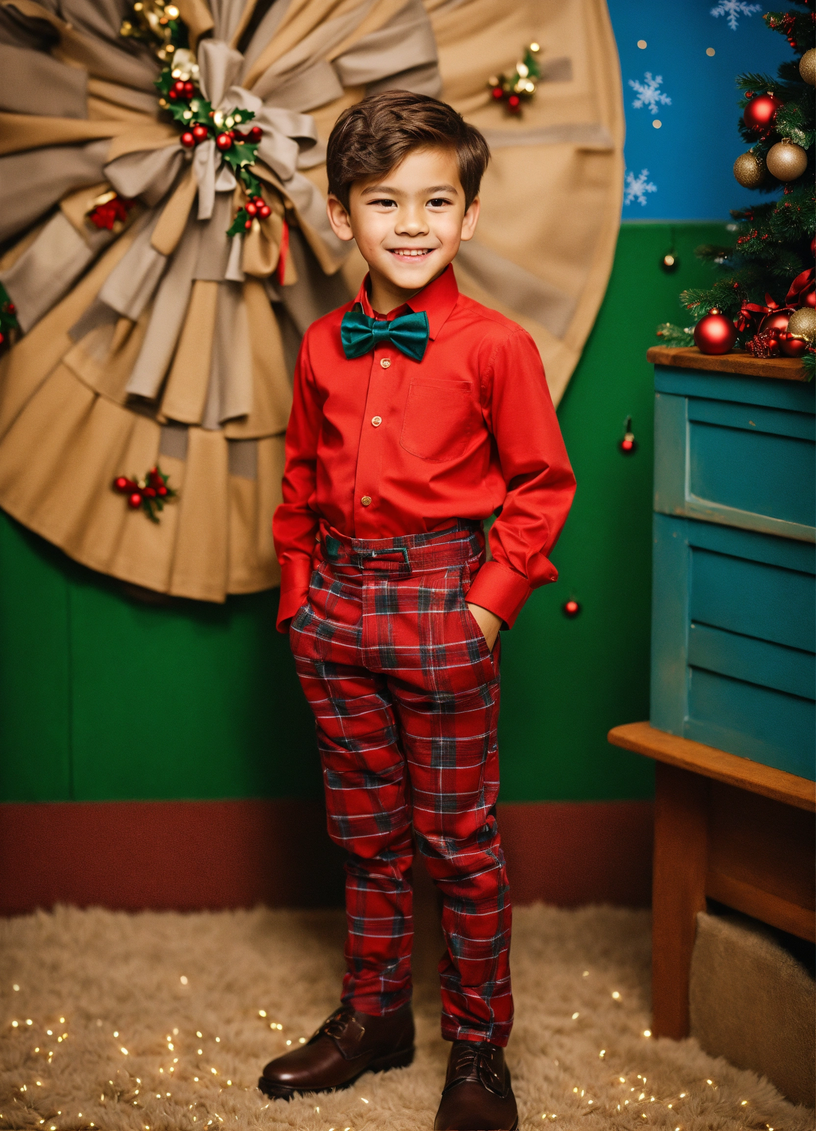 Lexica A boy wearing dressy pants with a matching shirt comfortable but stylish shoes with bow ties for the boys. All for the Christmas season