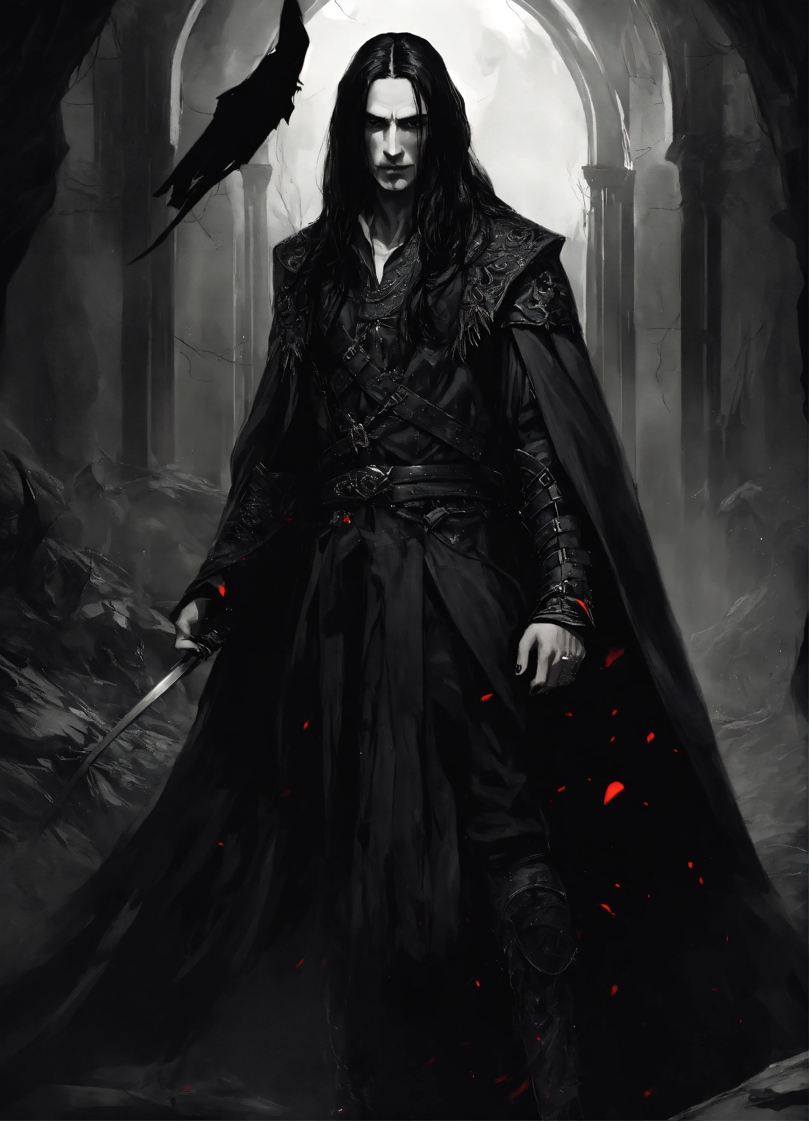 Lexica - A thin man with long black hair is dressed in a black ...