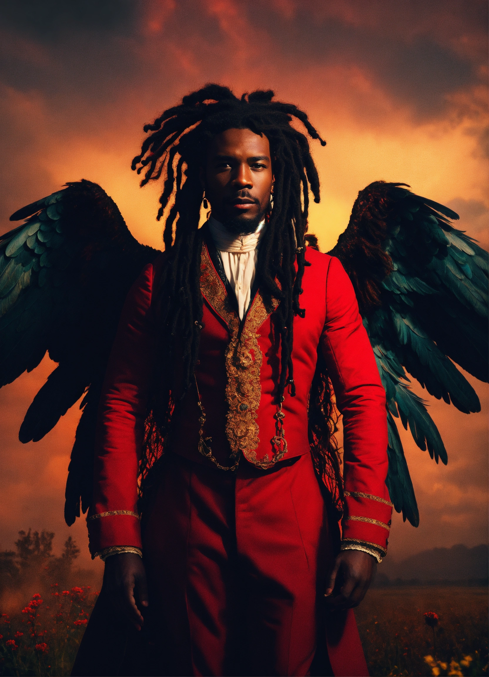 Lexica - Black man black dreadlocks Victorian red winged angel 4k