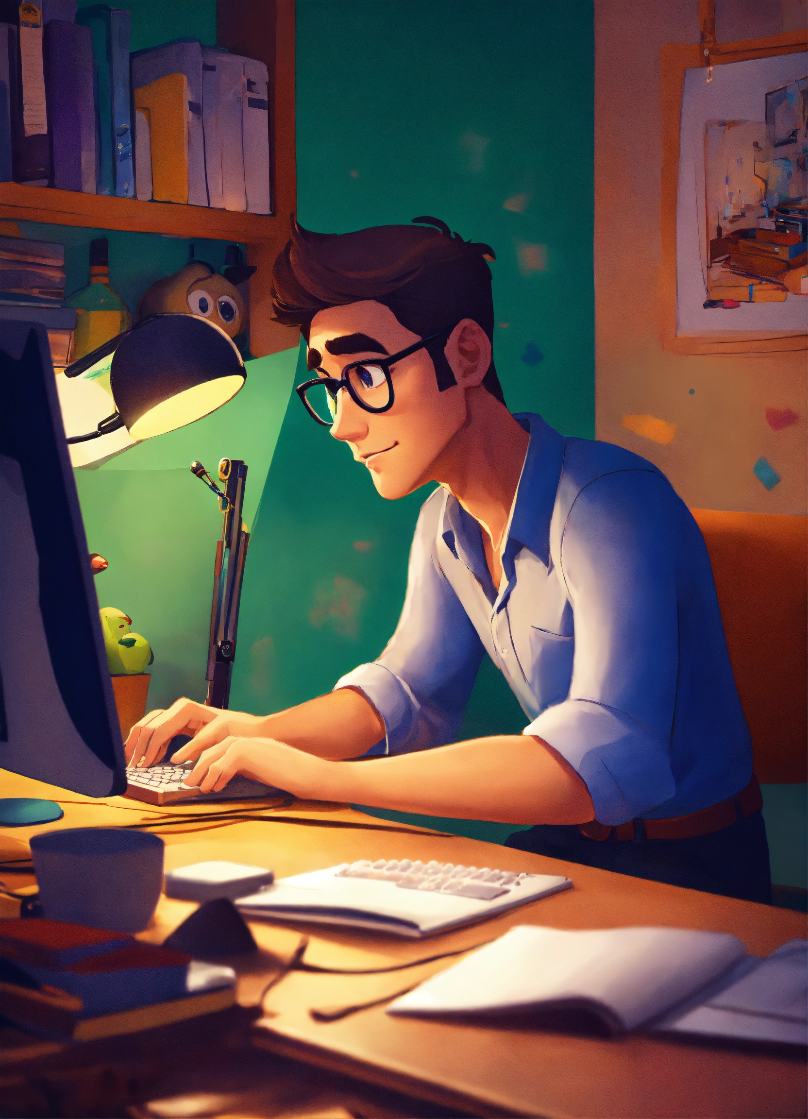 Lexica - Generate a Disney Pixar style image, man working hard in front ...