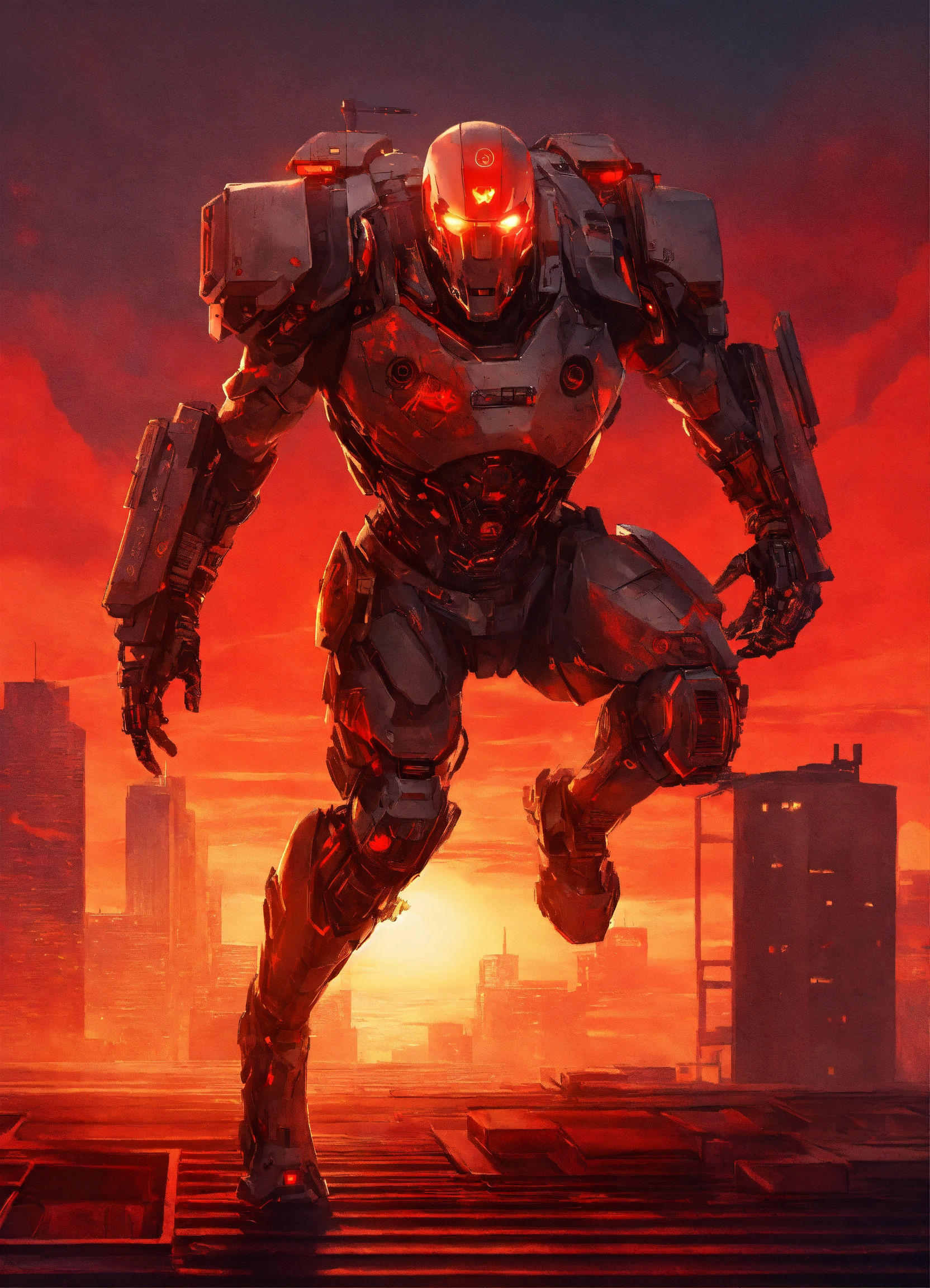 Lexica - An evil cyborg runs forward. the cyborg is on a roof top with ...