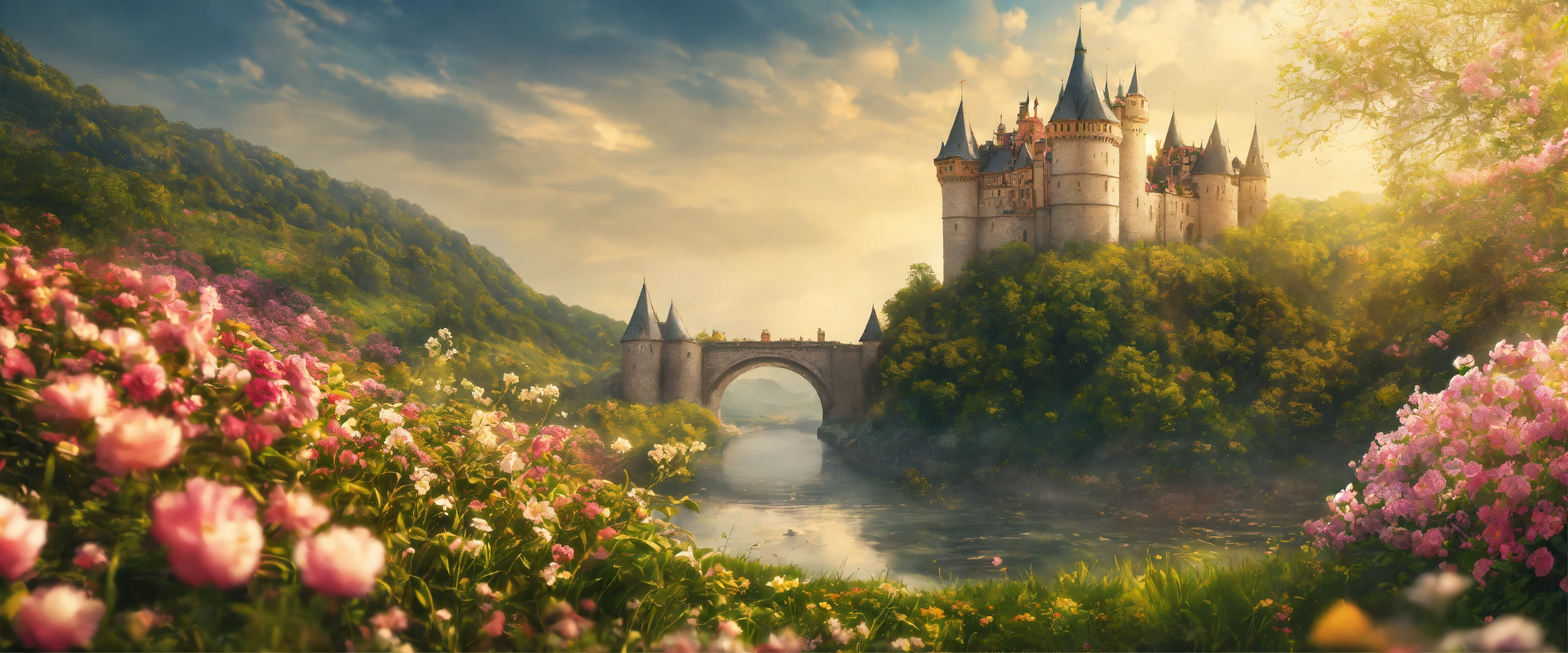 Lexica - A fantasy dream land landscape with a river and flowers along ...