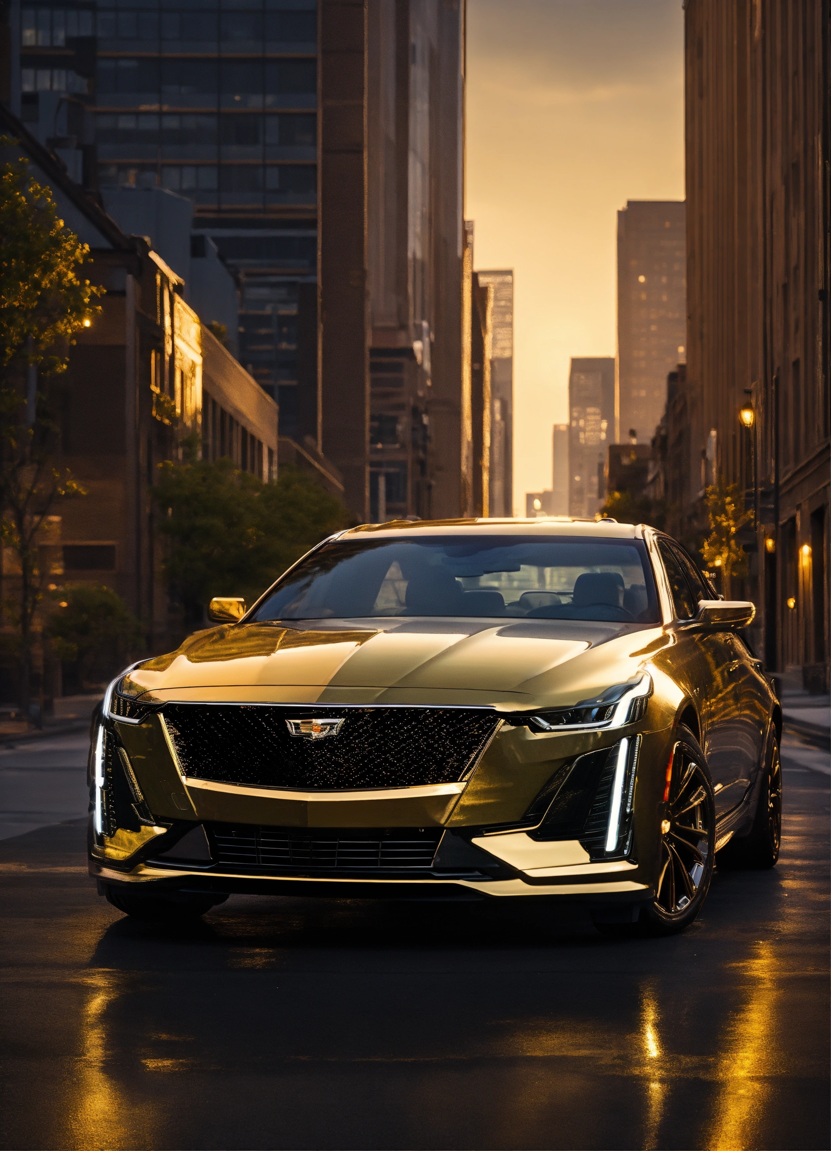 Lexica - 2023 Cadillac ct5 black and Gold with downtown landscape and ...