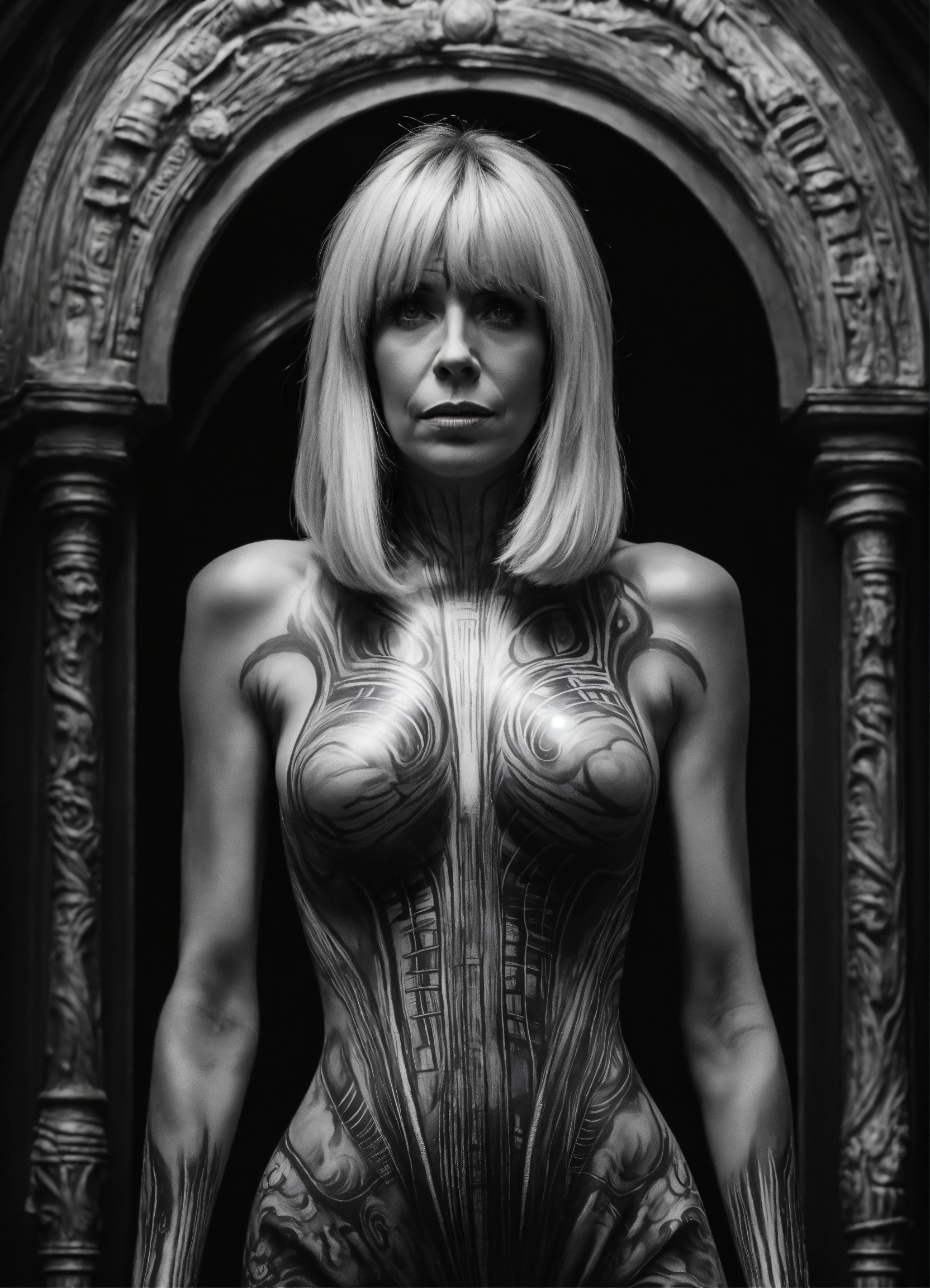 Lexica - Full body painting of Brigitte Macron HR Giger style, grey scale,  low angle shot