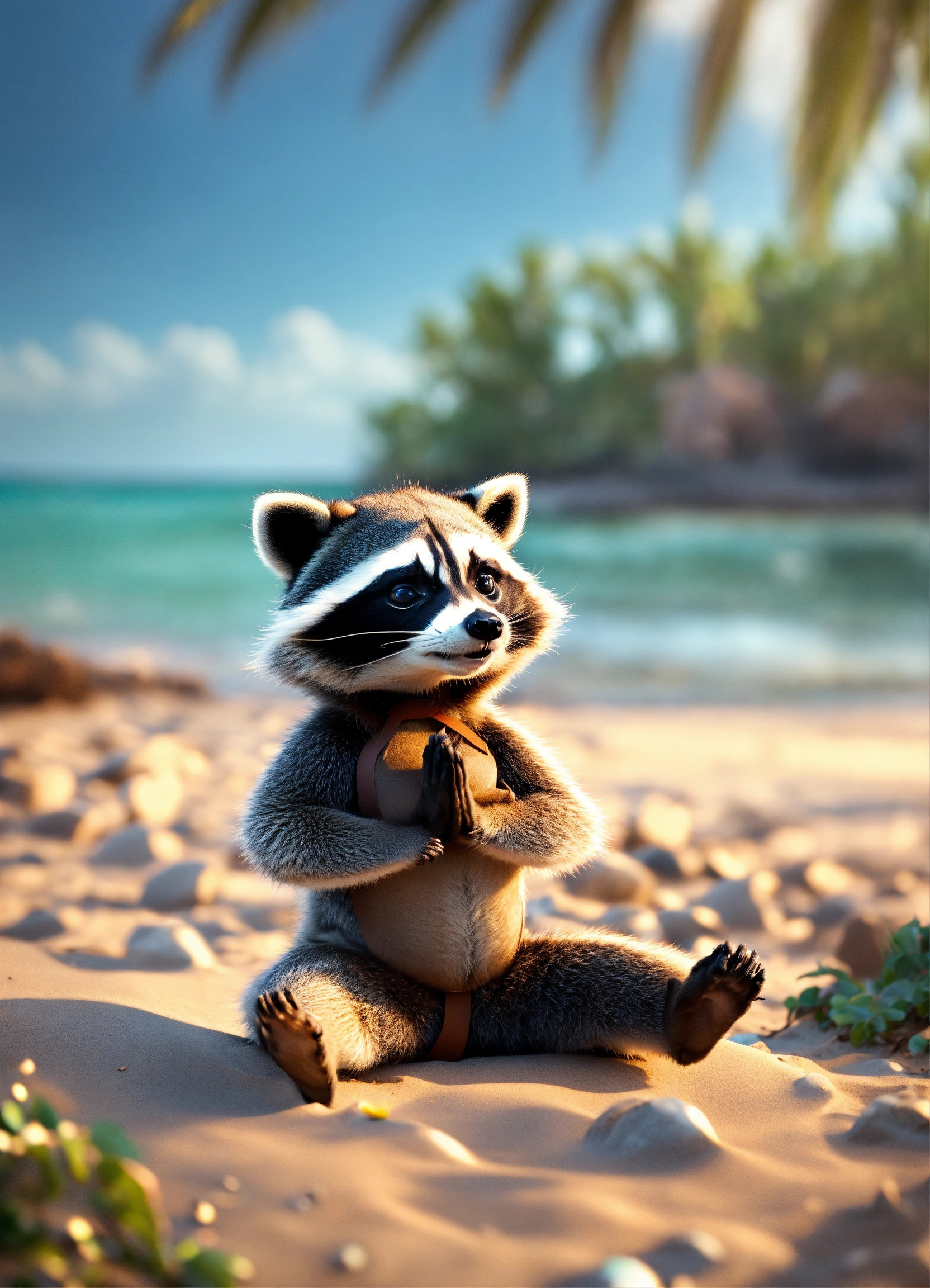 Lexica - Mischievous raccoon doing yoga at the beach, Maya render, 8k ...