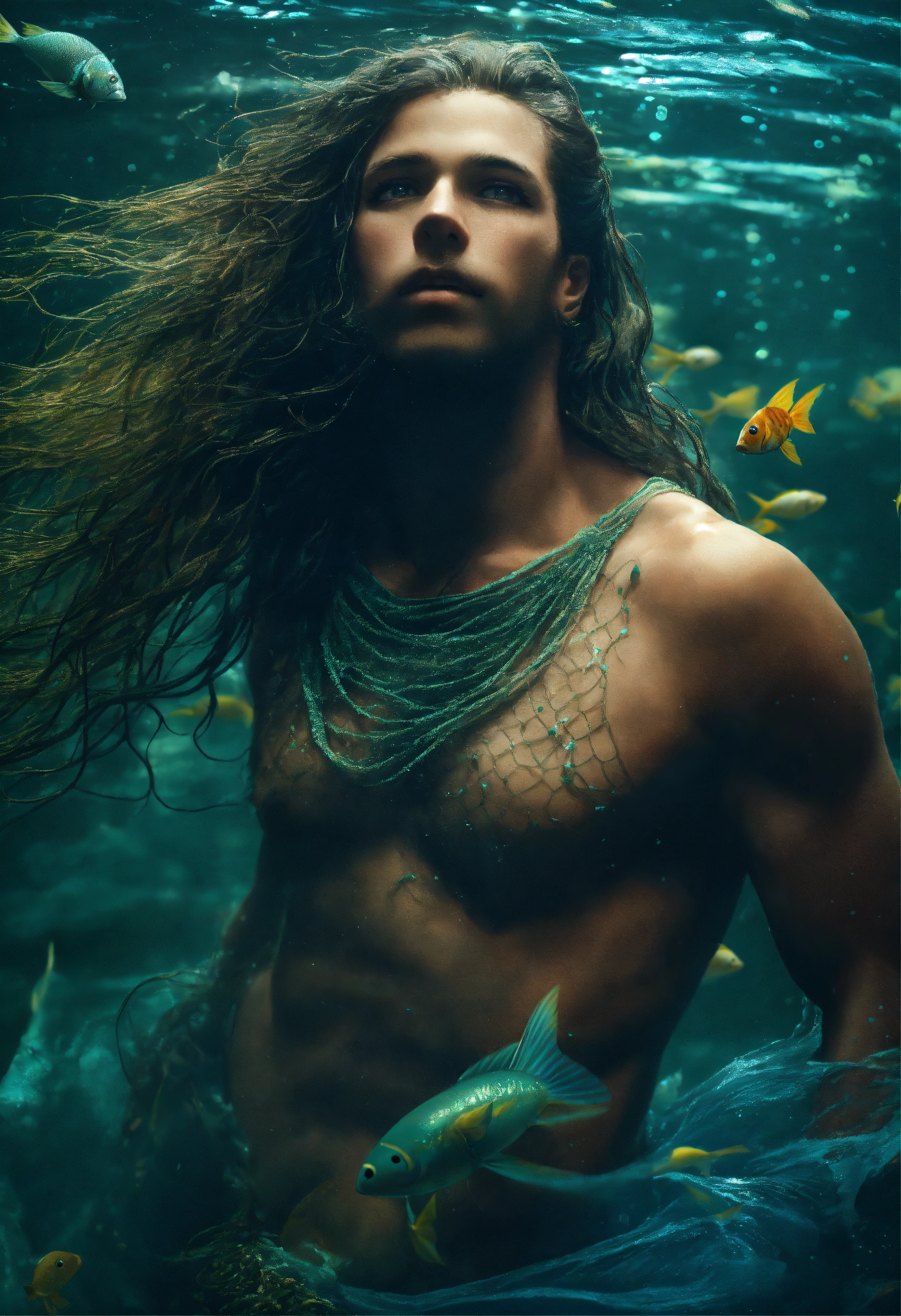 Lexica - Bright, in agony merman arrested in a fish net , long straight ...