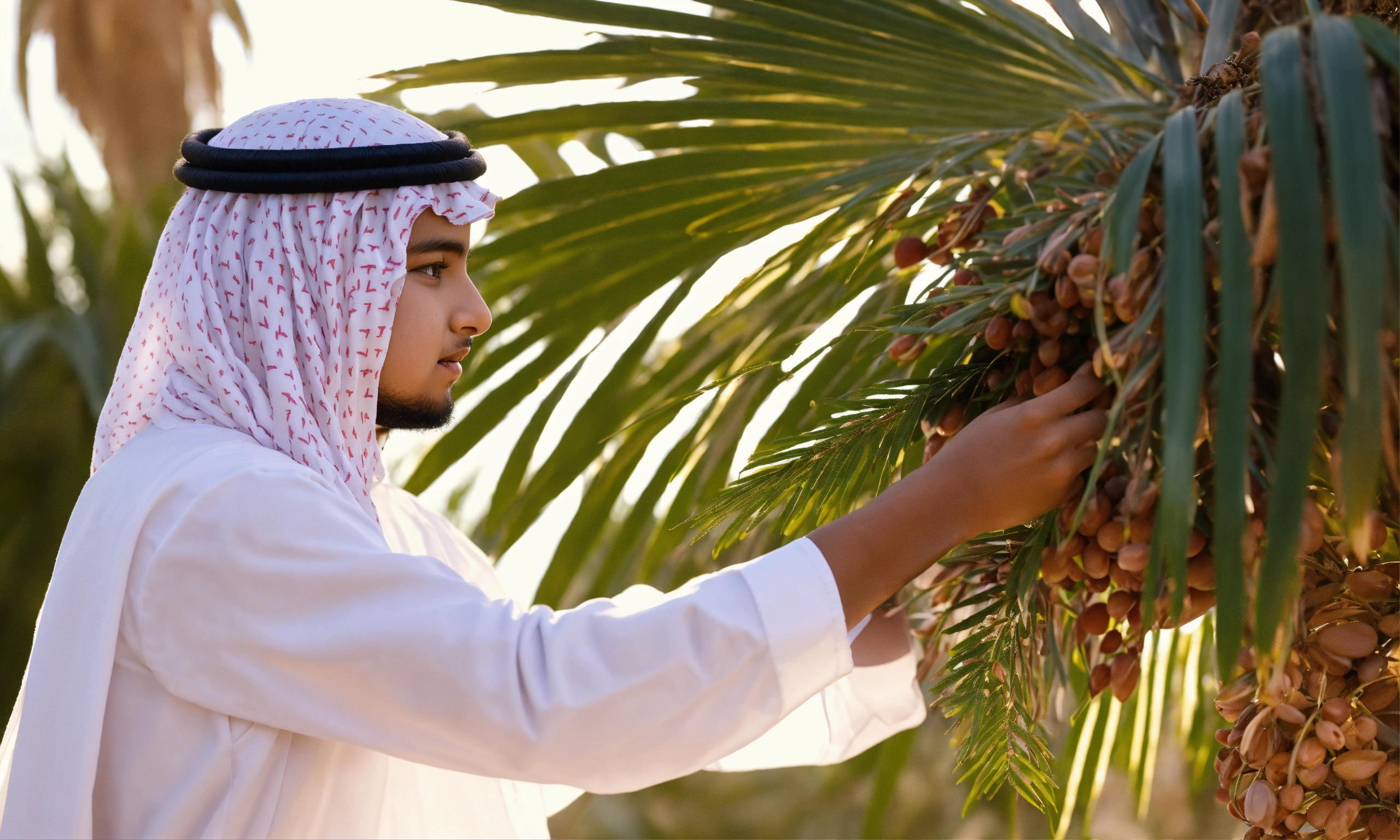 Lexica - Close up of a Saudi kid collecting date from palm tree ...