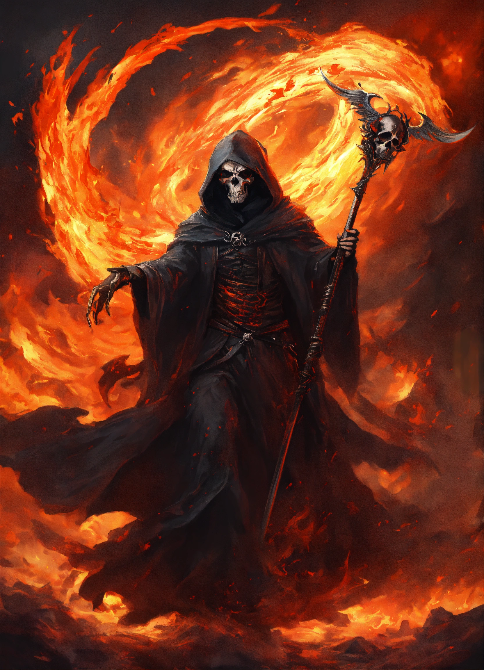 Lexica - Attacking grim reaper with flaming scythe, tattered flowing ...