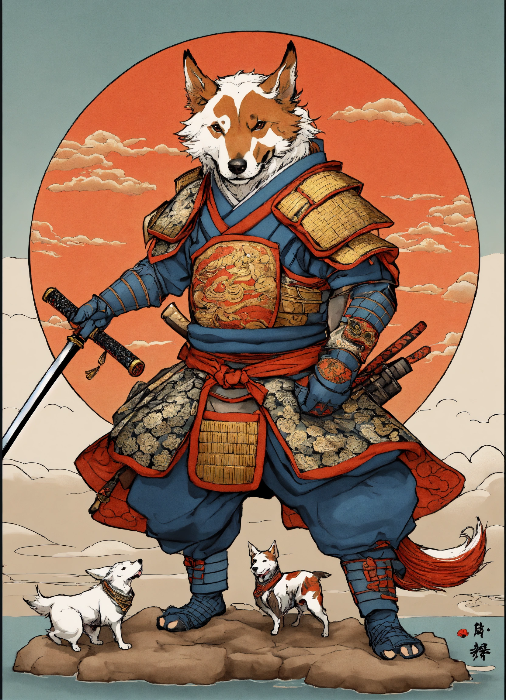 Lexica - There is a dog with a fish and a sword on a white background ...