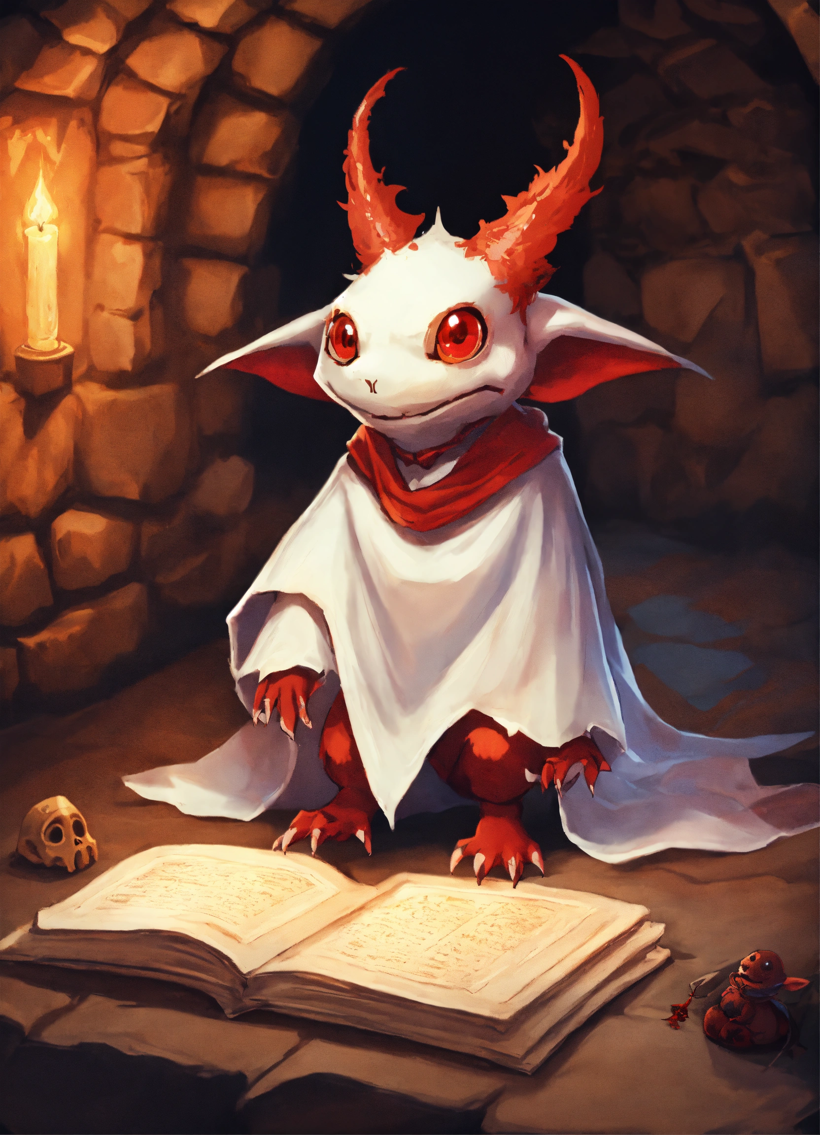 Lexica - A tiny kobold in a ghost costume. The costume is a white ...