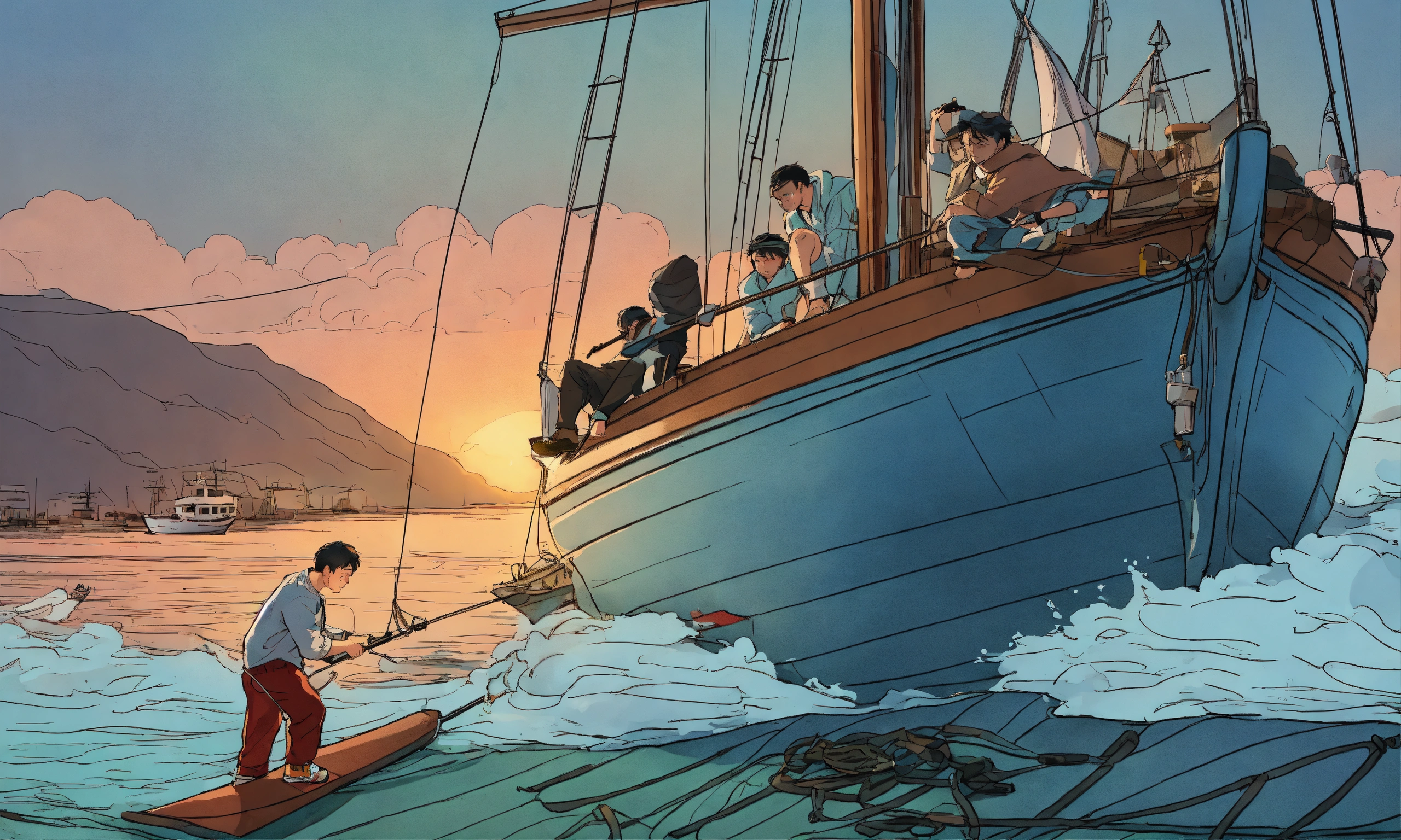 Lexica - Draw me a picture in the form of a comic on a boat, a man in ...