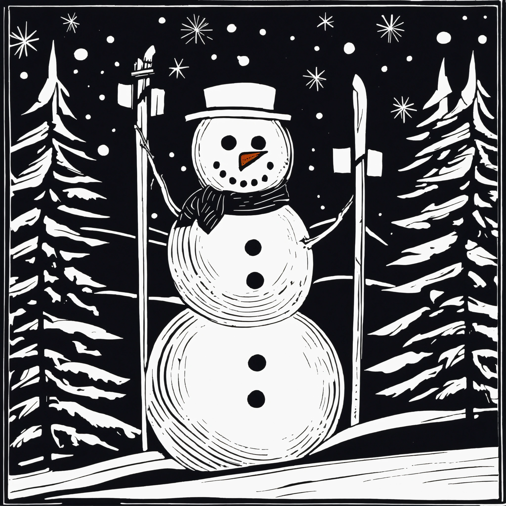 Lexica - Stylized linocut design of a snowman skiing, black and white ...
