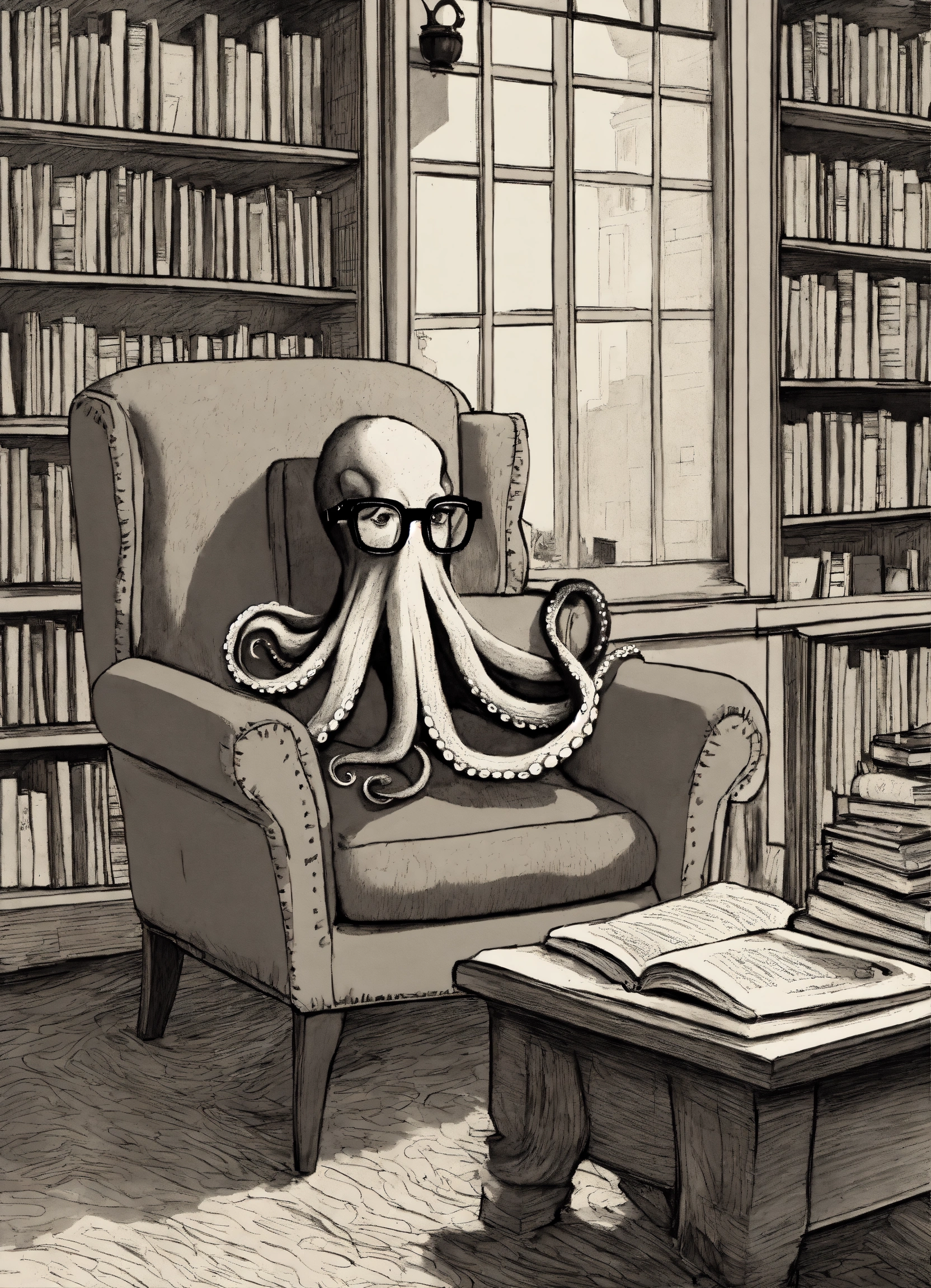 Lexica - Ink drawing of an octopus wearing hipster glasses reading and ...