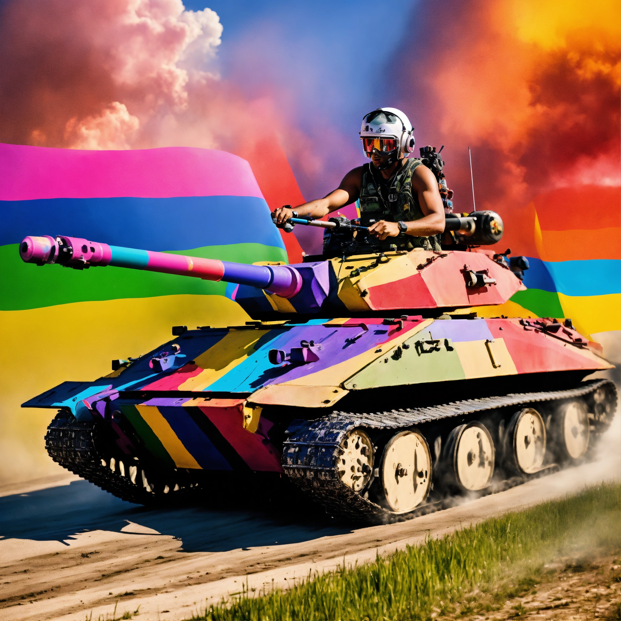 Lexica - A picture of a dj riding a tank painted in the colors of pride