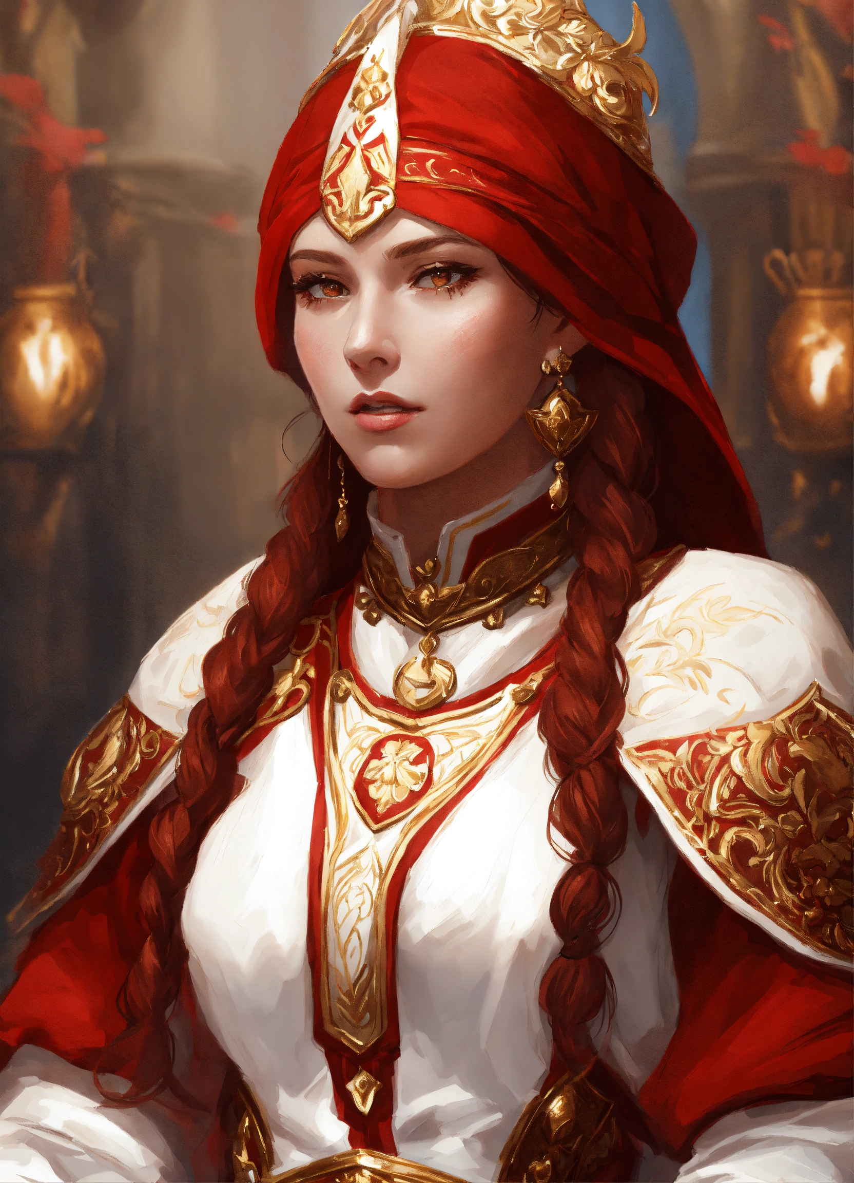 Lexica - Praios female cleric, red and white clothes, gold details ...