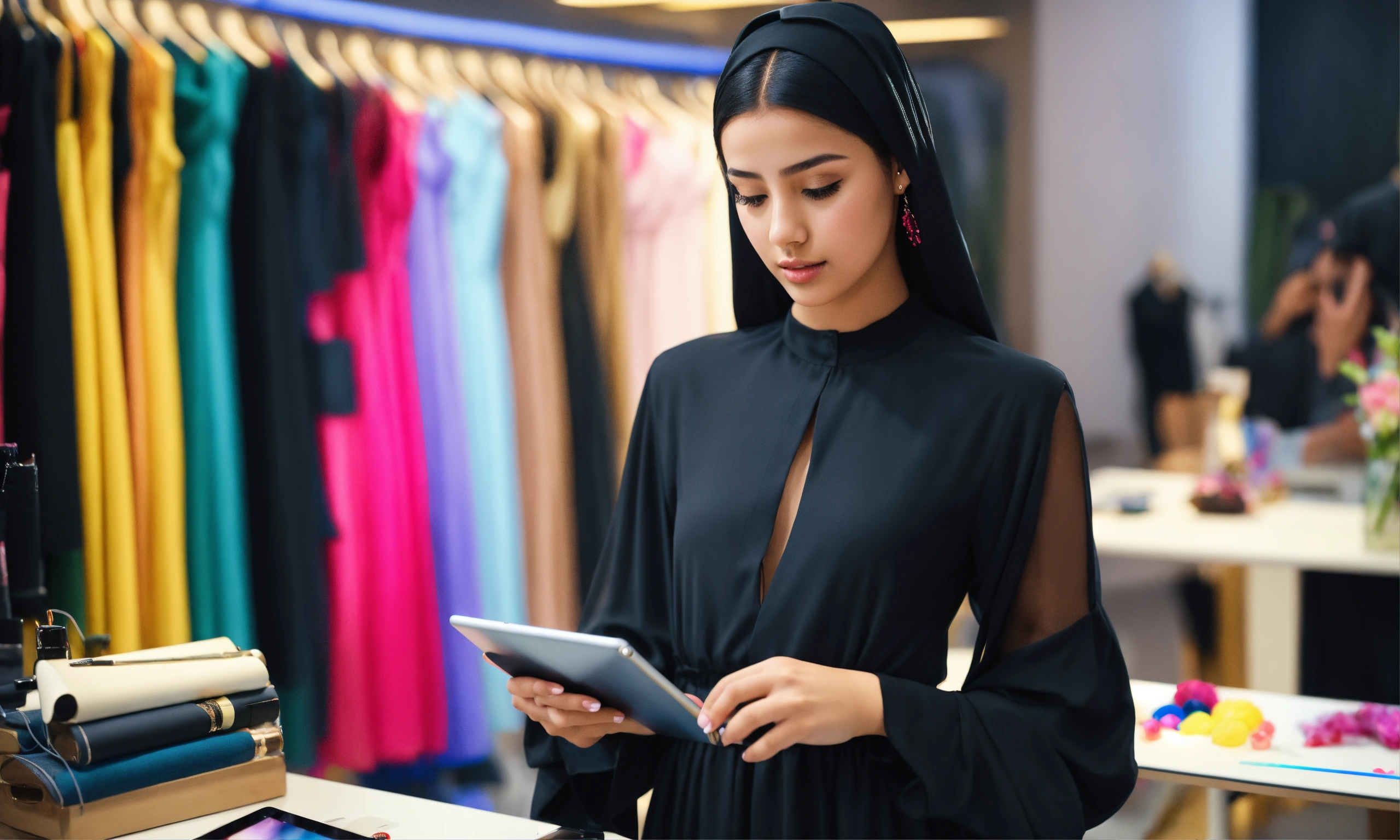 Lexica - Saudi youth girl, fashion designer, drawing on tablet a dress ...